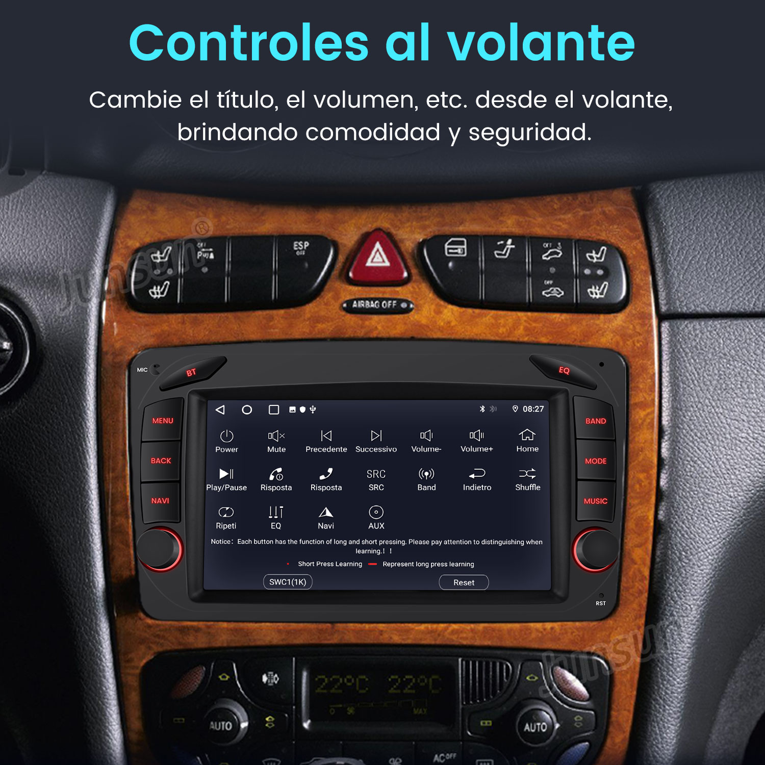 Panel de coche con radio táctil mostrando controles y opciones. El texto dice "Controles al volante".