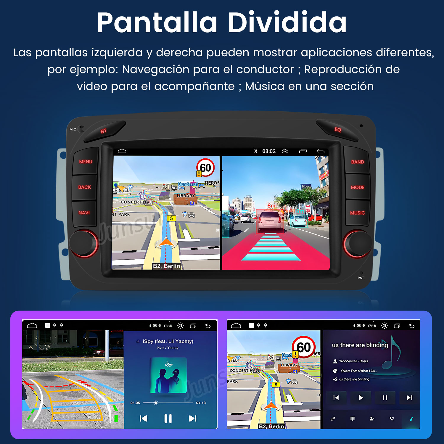 Pantalla dividida en coche: Navegación izquierda, tráfico derecha. Abajo: Asistencia aparcamiento y música.