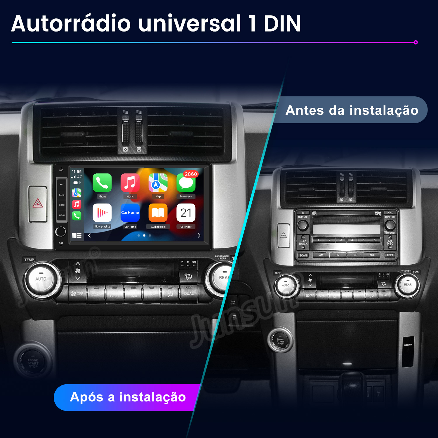 Comparación antes y después de una radio de coche con pantalla táctil a la izquierda y radio estándar a la derecha.