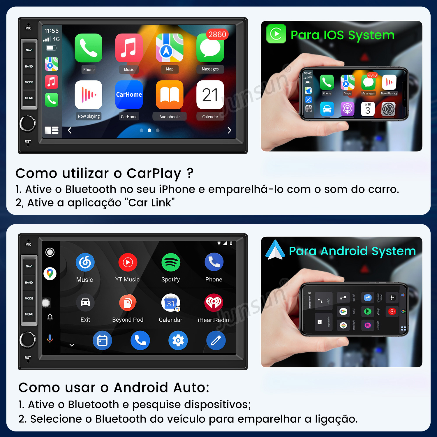 Dos sistemas de infoentretenimiento para coche: CarPlay con iPhone y Android Auto con smartphone.