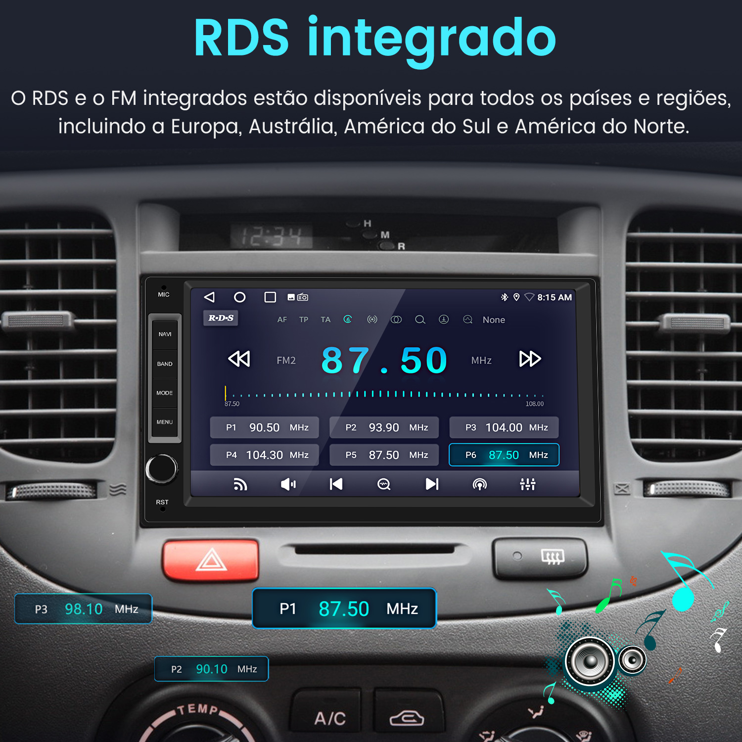 Radio de coche con pantalla RDS, muestra FM2 87,50 MHz y emisoras guardadas.