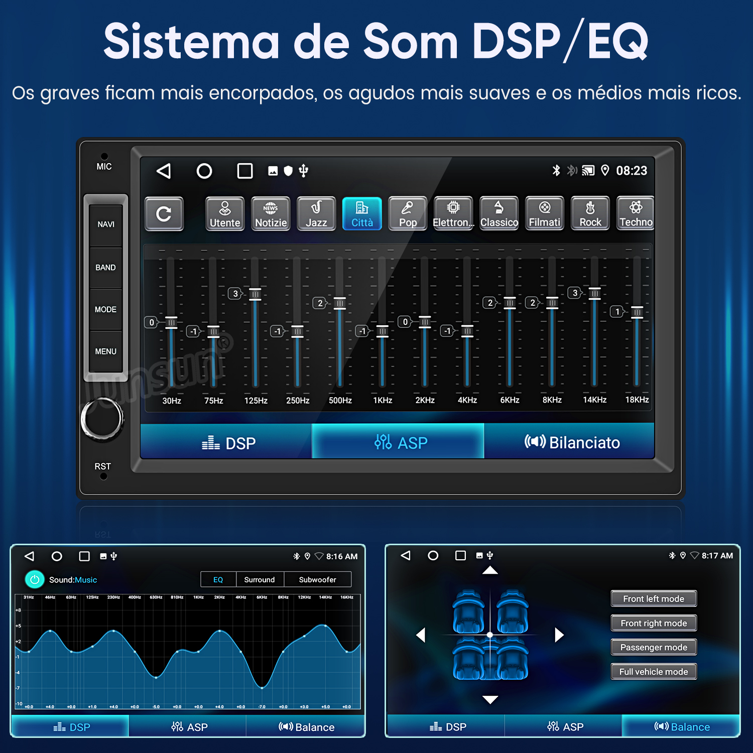 Una pantalla de autorradio muestra ajustes de ecualizador, bandas de frecuencia y opciones de sonido.