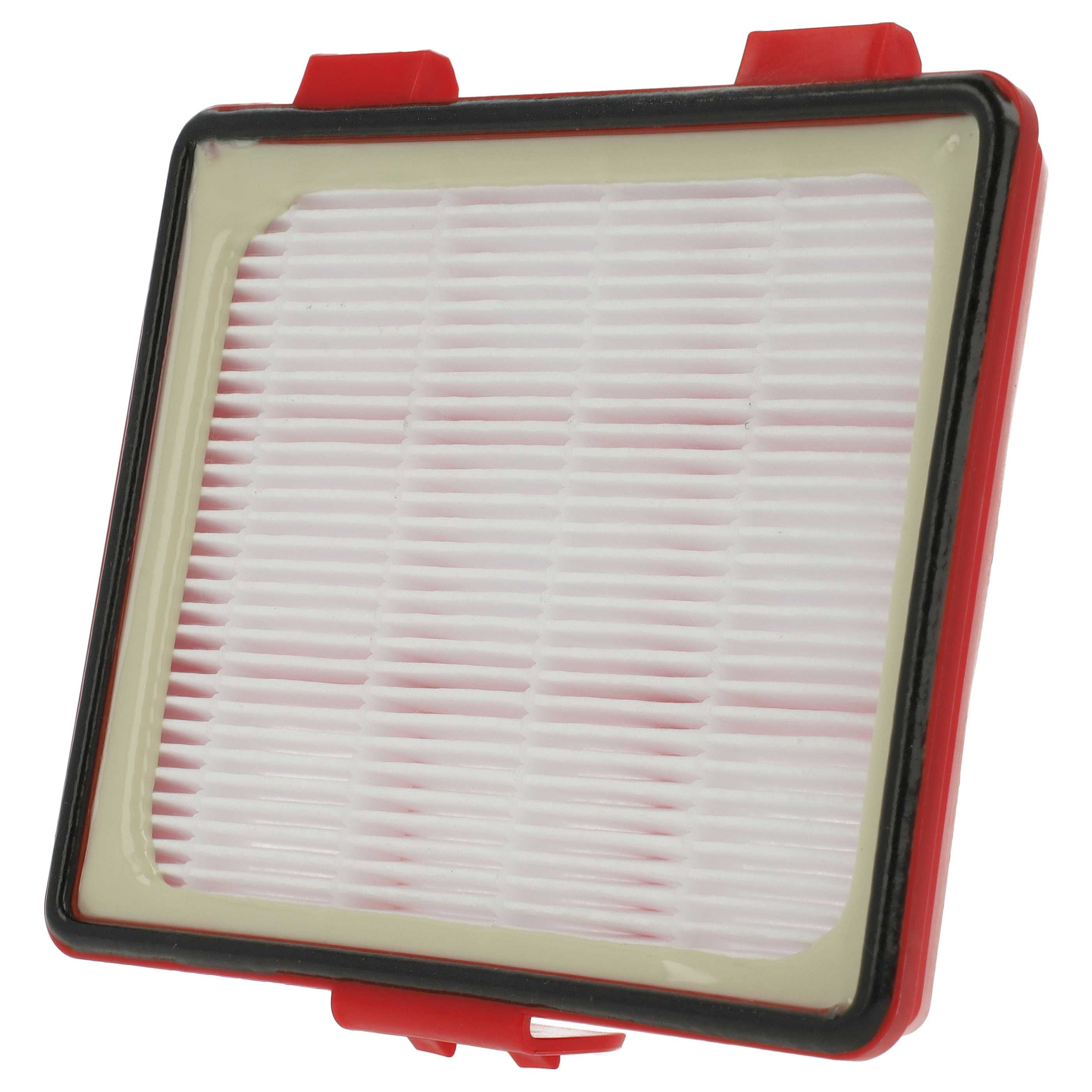 Ein rechteckiger Staubsaugerfilter mit rotem Rahmen und weißem Faltenfiltermaterial.