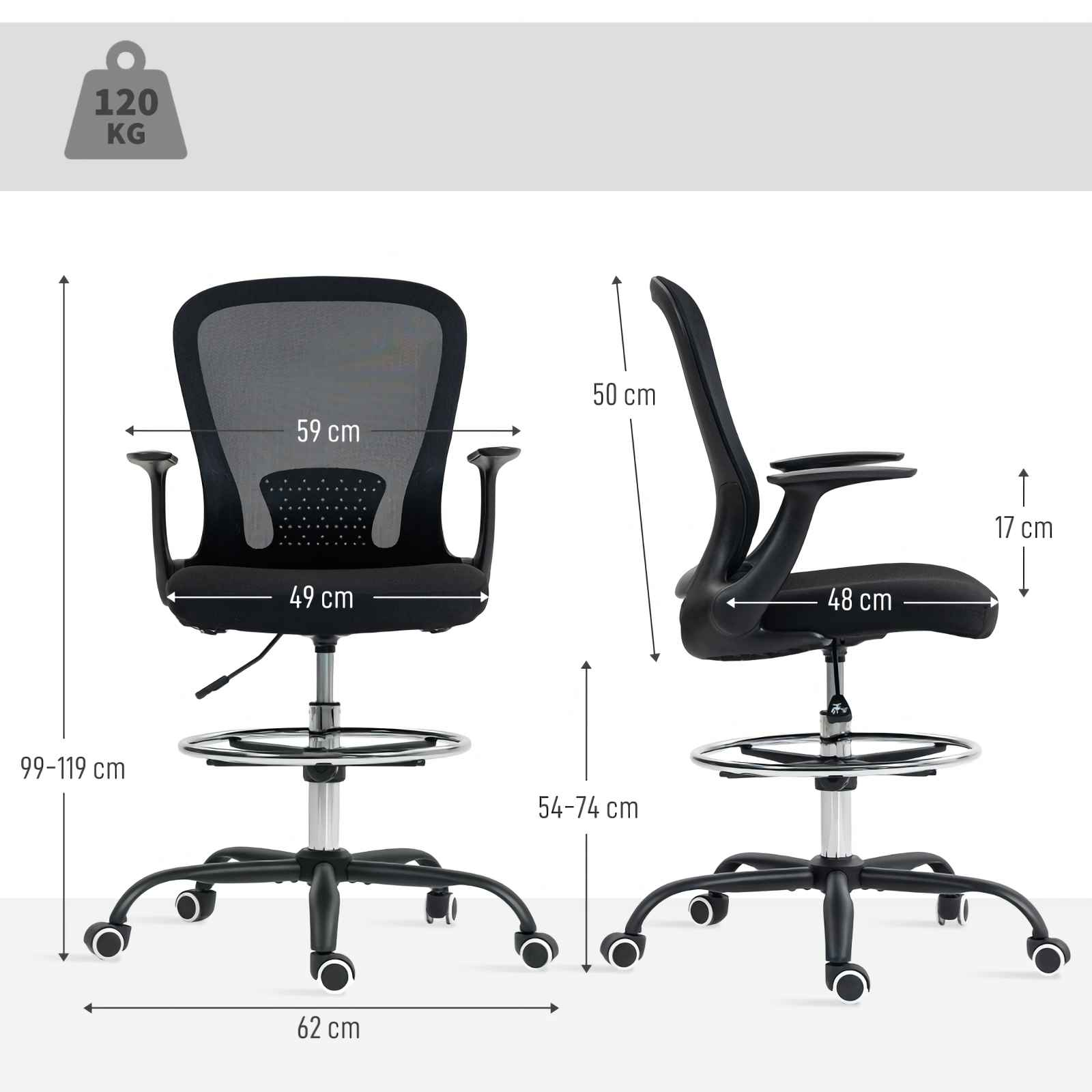 Schwarzer ergonomischer Bürostuhl mit Maßen. Max. Gewicht 120 kg.