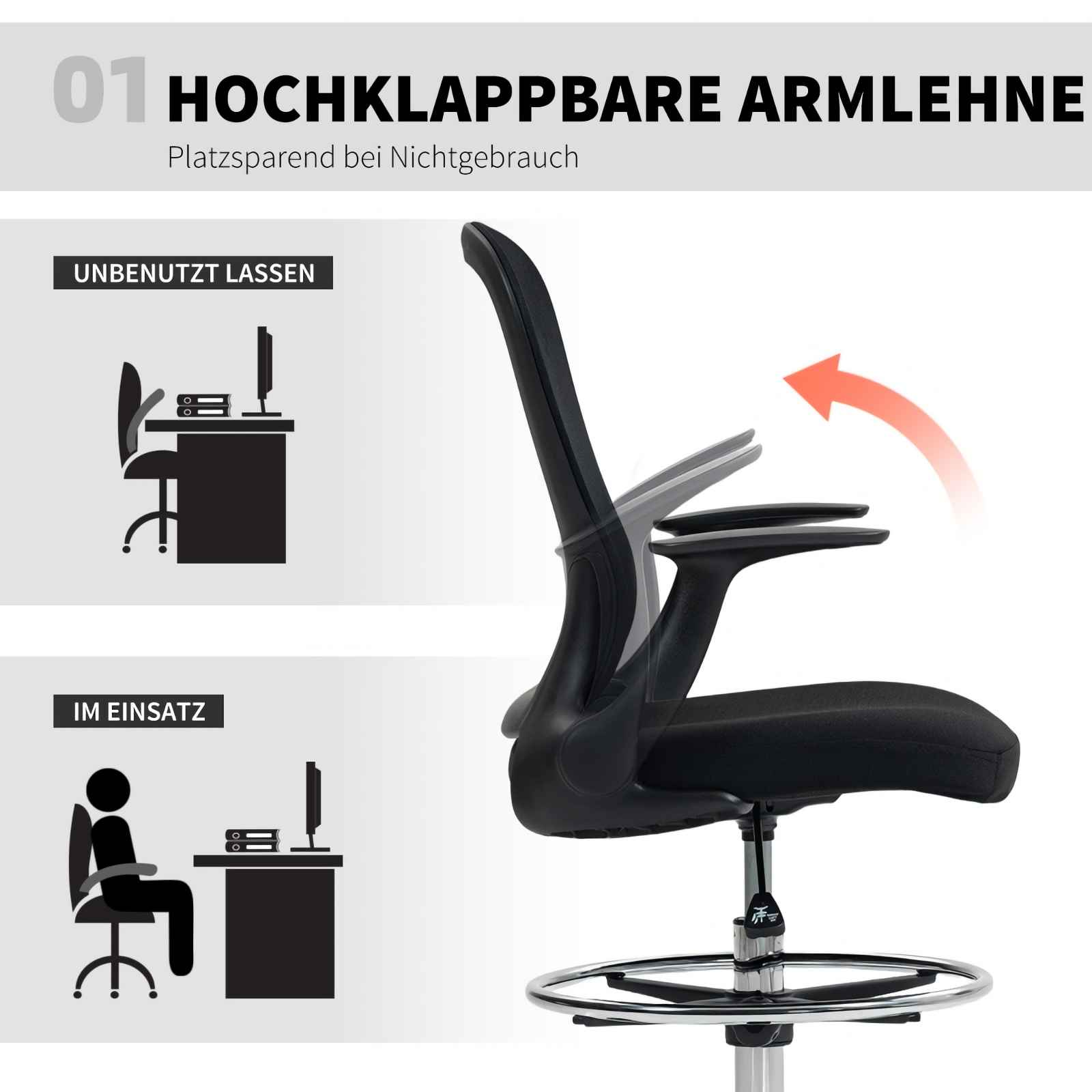 Bürostuhl Armlehnen hochklappbar: unbenutzt und im Einsatz. Mit Pfeil.