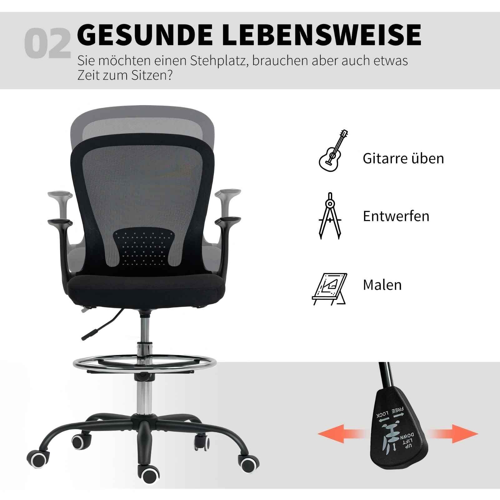 Ein Bürostuhl mit Netzrücken, Armlehnen, Fußring und Rollen. Daneben Icons für Gitarre, Zirkel und Staffelei.