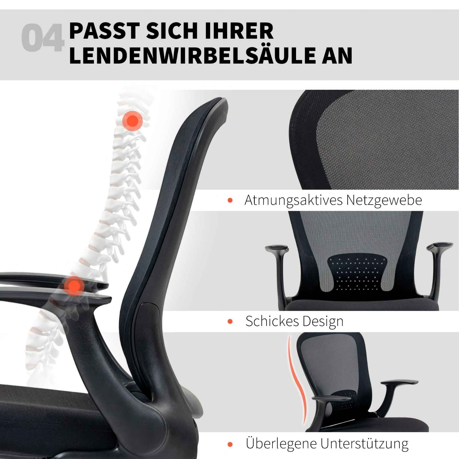 Bürostuhl-Merkmale: atmungsaktives Netzgewebe, Lendenwirbelstütze, ergonomisch.