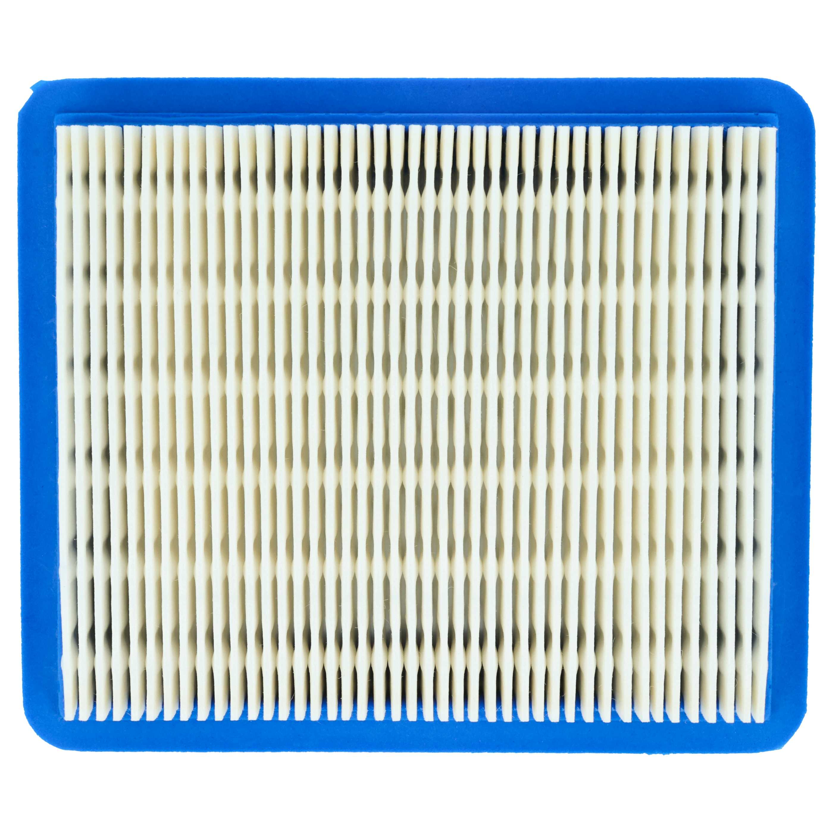 Ein rechteckiger Luftfilter mit blauem Rahmen und weißem Faltenfilterelement.