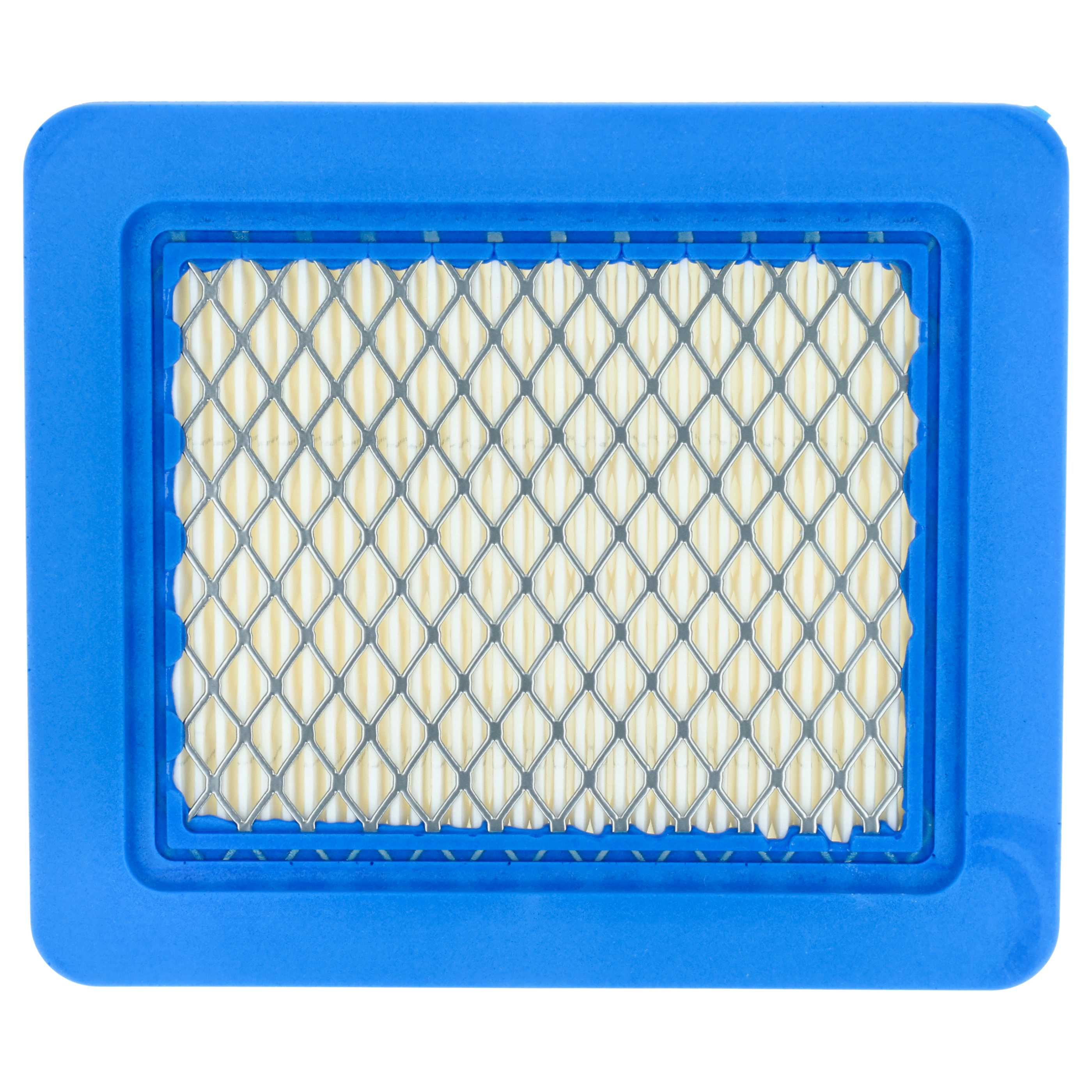 Ein blauer rechteckiger Luftfilter mit einem metallischen Gitter über einem gefalteten weiß-gelben Filtermedium.