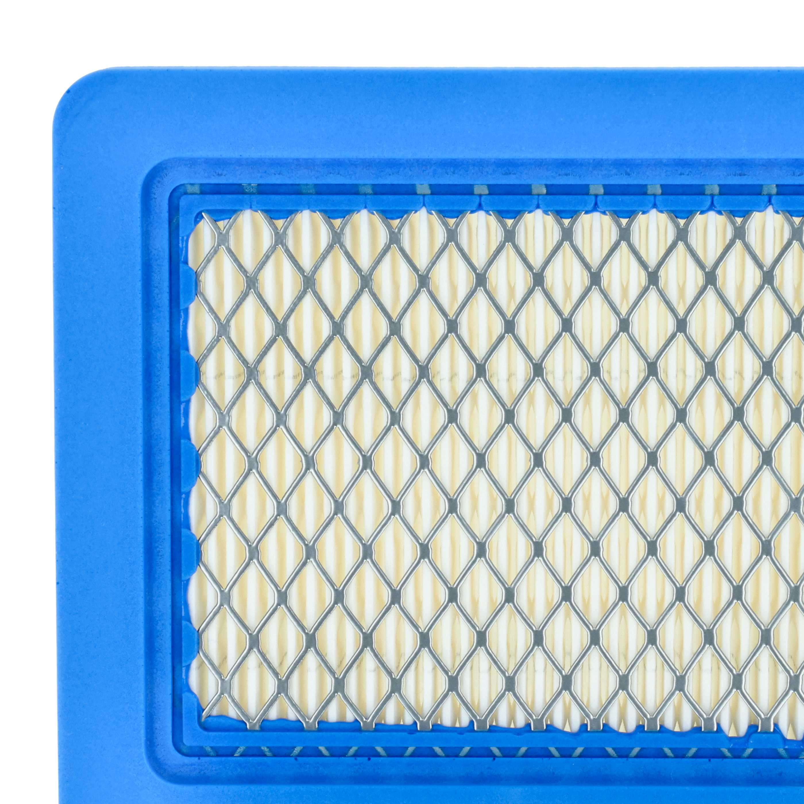 Nahaufnahme eines blauen Luftfilters mit einem Metallgitter über gefaltetem Filterpapier.