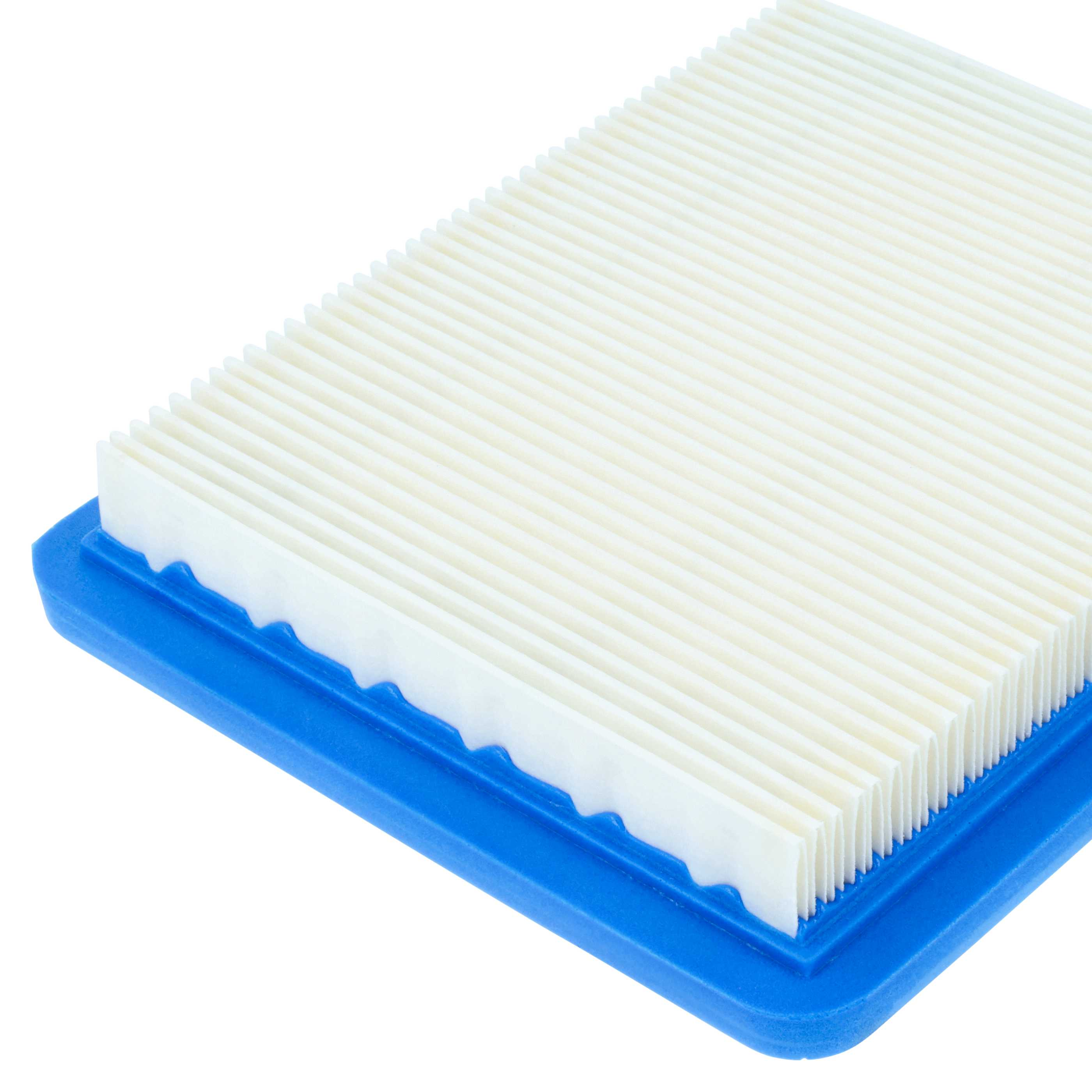 Ein weißer, gefalteter Luftfilter mit blauer Gummidichtung auf weißem Grund.