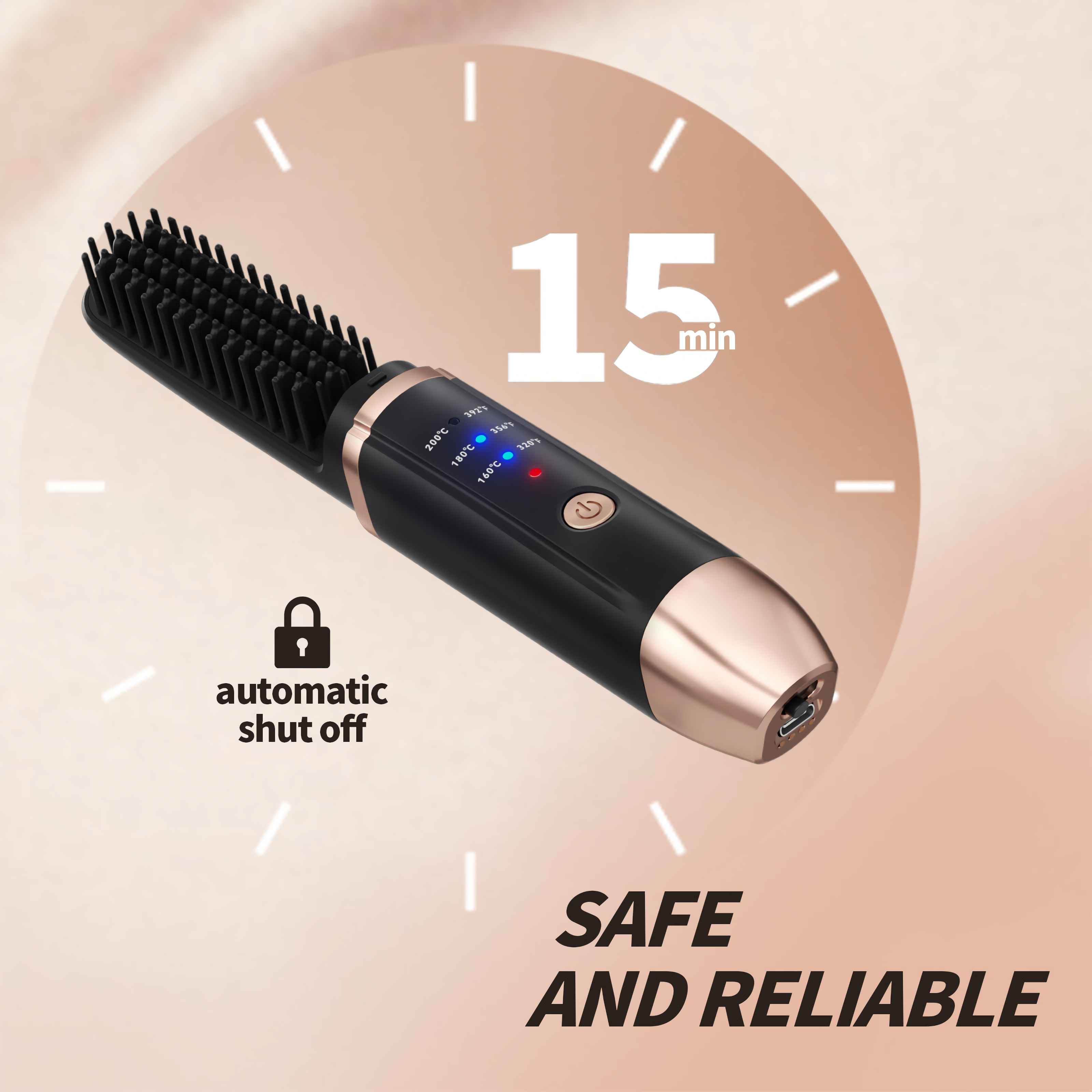 Ein schwarzer Haarglättungskamm mit goldenen Akzenten, die Aufschriften "15 min" und "SAFE AND RELIABLE".