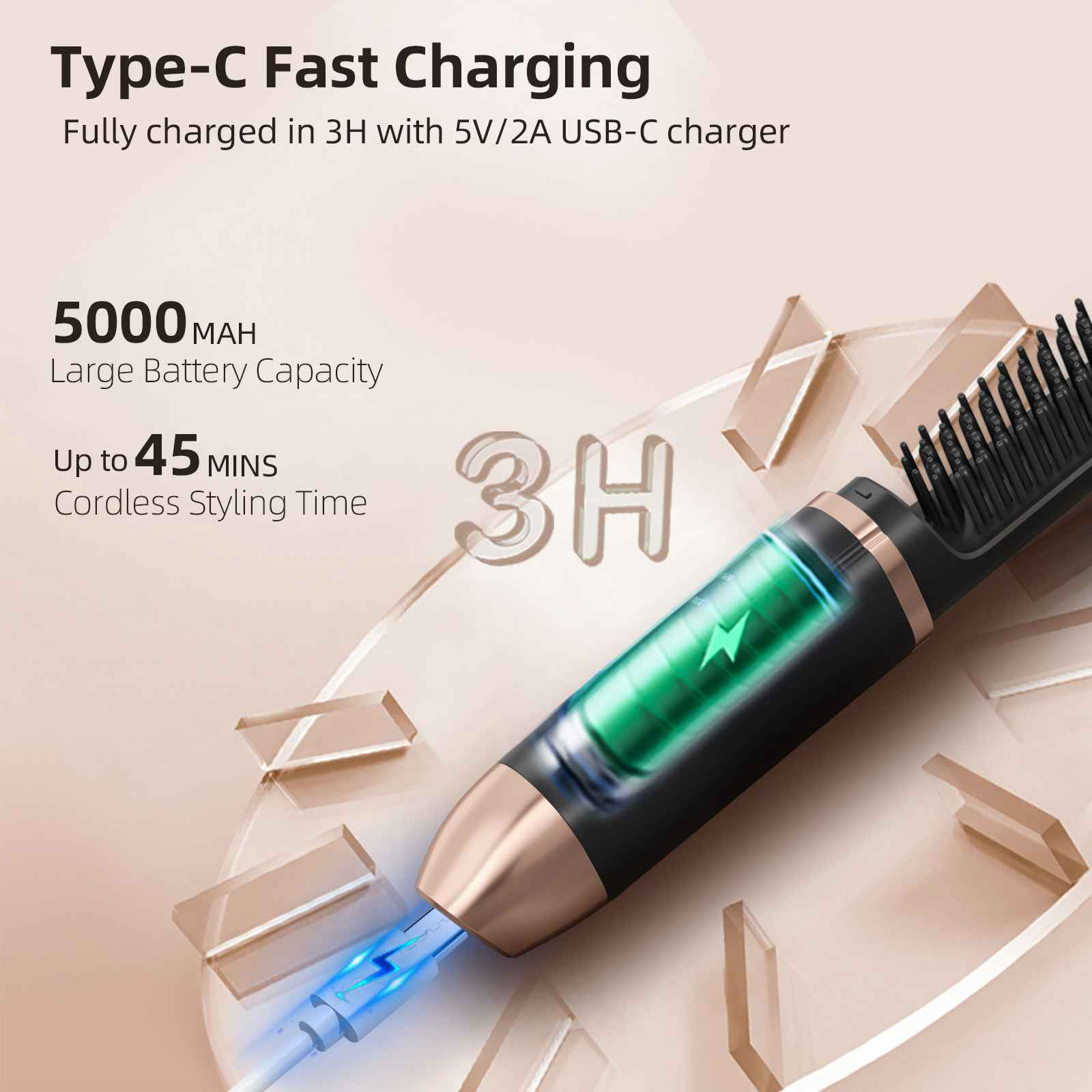 Ein schwarz-goldener Haarstyler mit grüner Batterieanzeige lädt über ein blaues USB-C-Kabel.