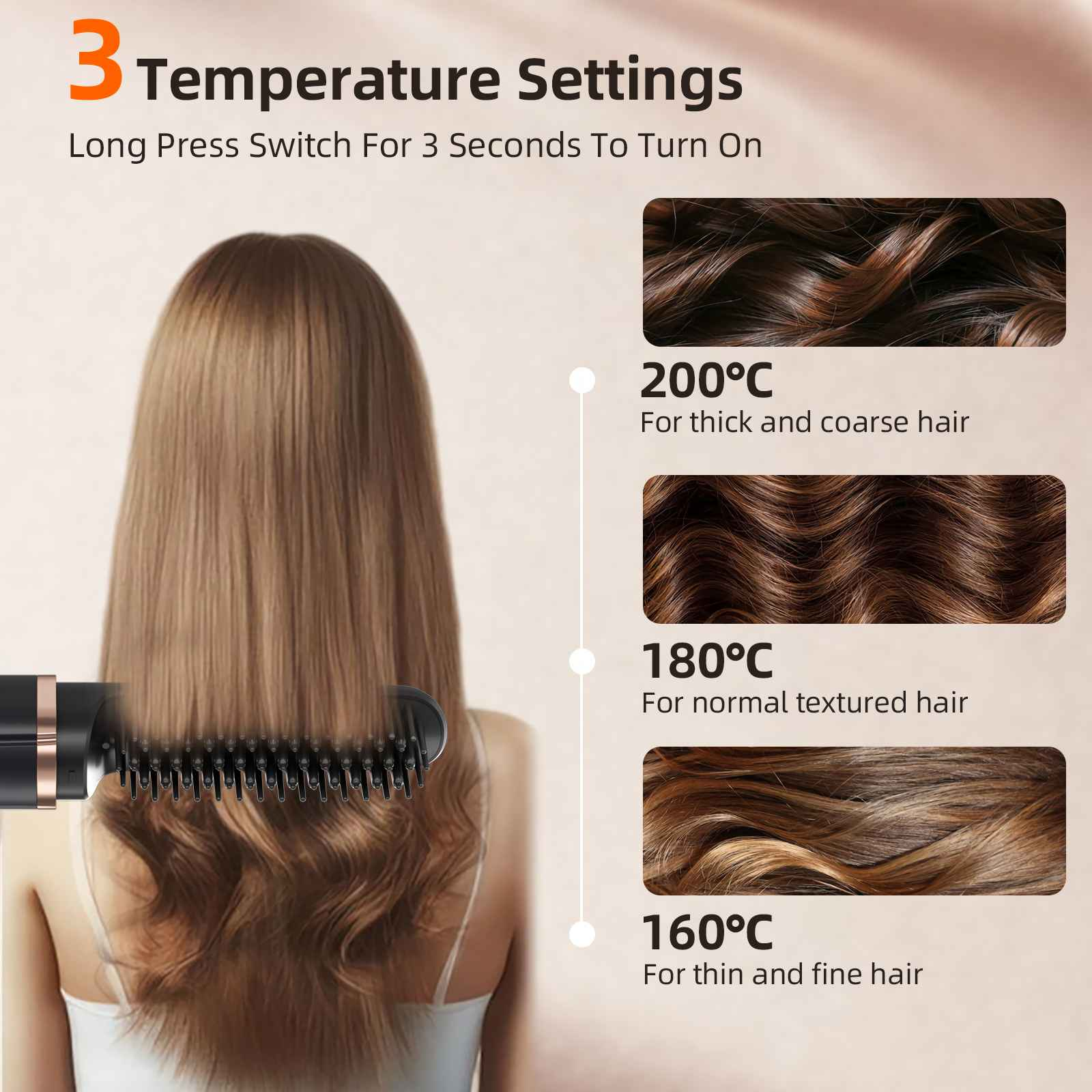 Haarglätter mit 3 Temperatureinstellungen: 200C für dickes, 180C für normales, 160C für feines Haar.
