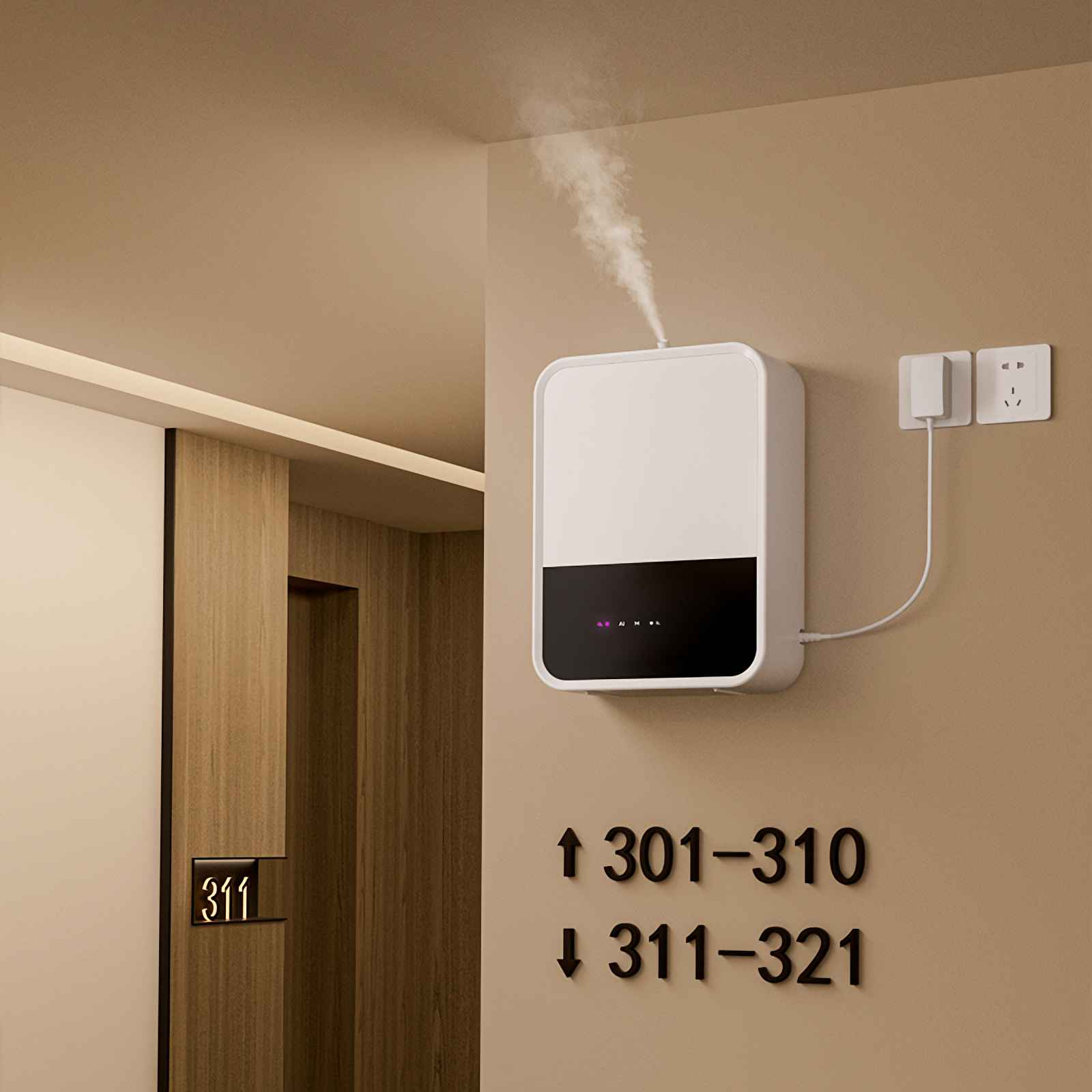 Weiße Wanddiffusor gibt Dampf ab. Zimmertürnummer 311 sichtbar.
