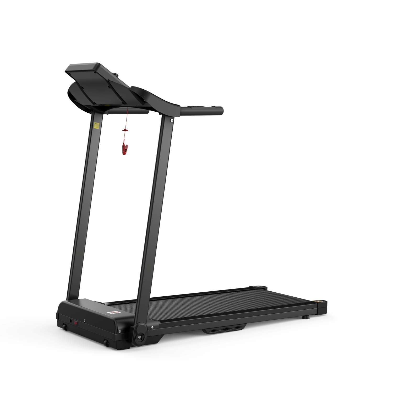 Czarna bieżnia z czerwonym klipsem bezpieczeństwa na białym tle.