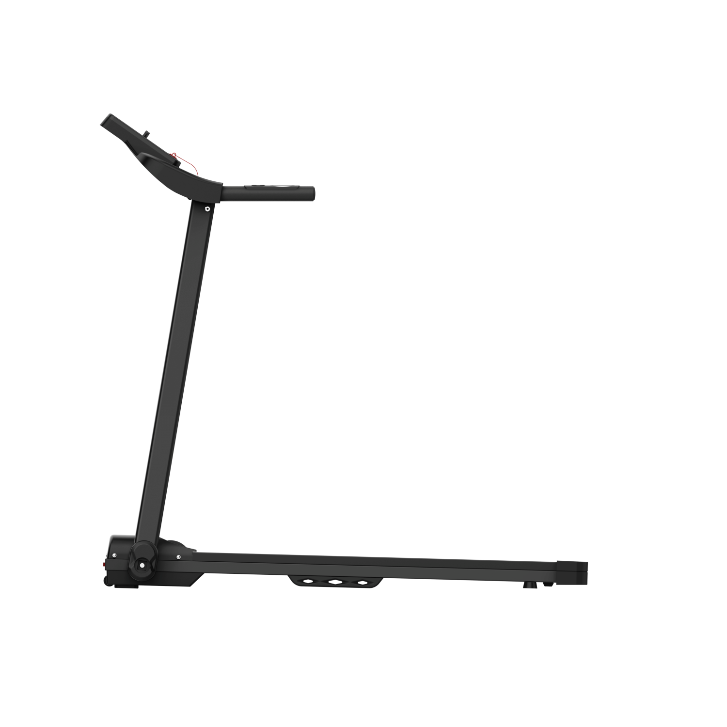 Czarna bieżnia z srebrnymi akcentami i panelem sterowania.