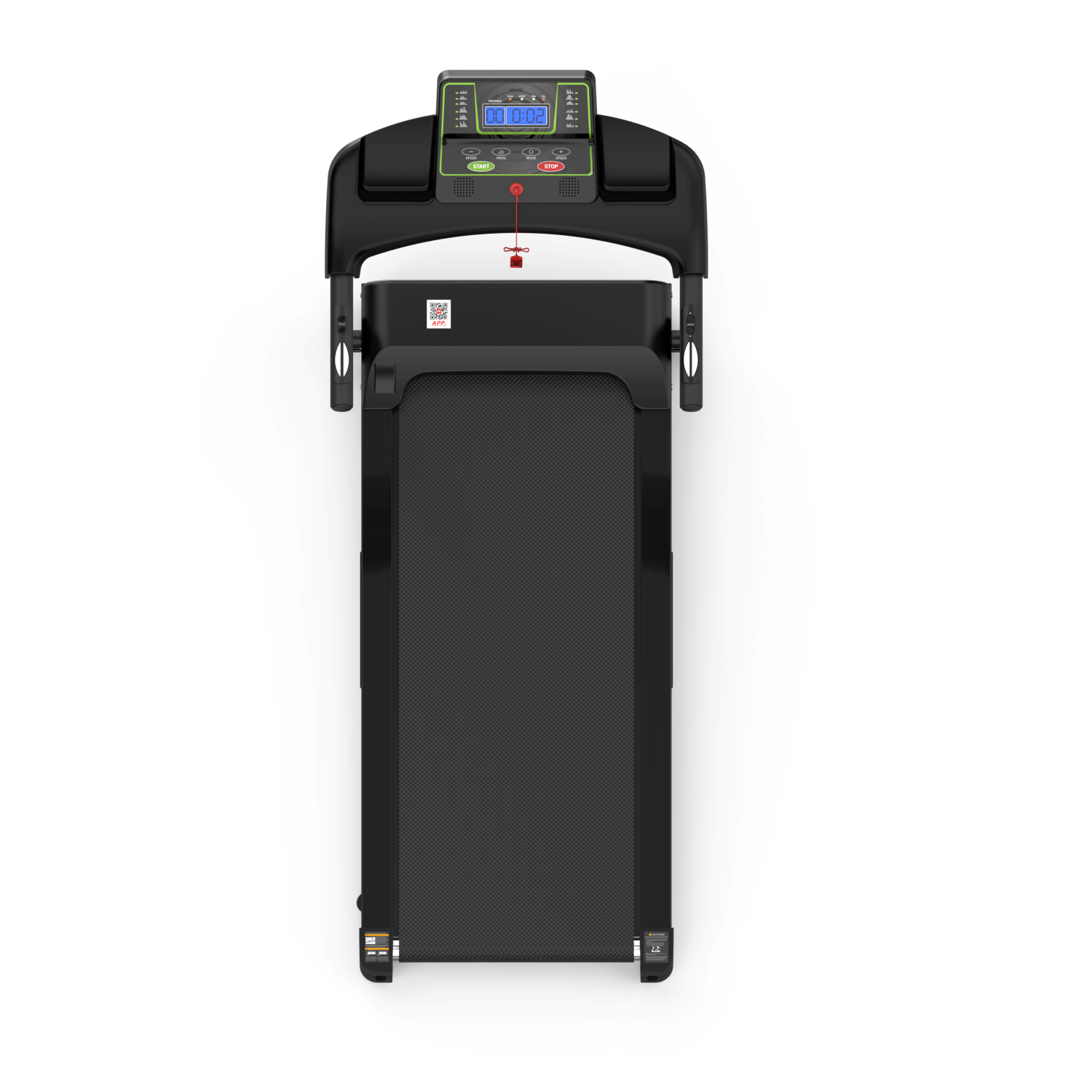 Czarna bieżnia z cyfrowym wyświetlaczem pokazującym "00:10:02" i przyciskami sterującymi.