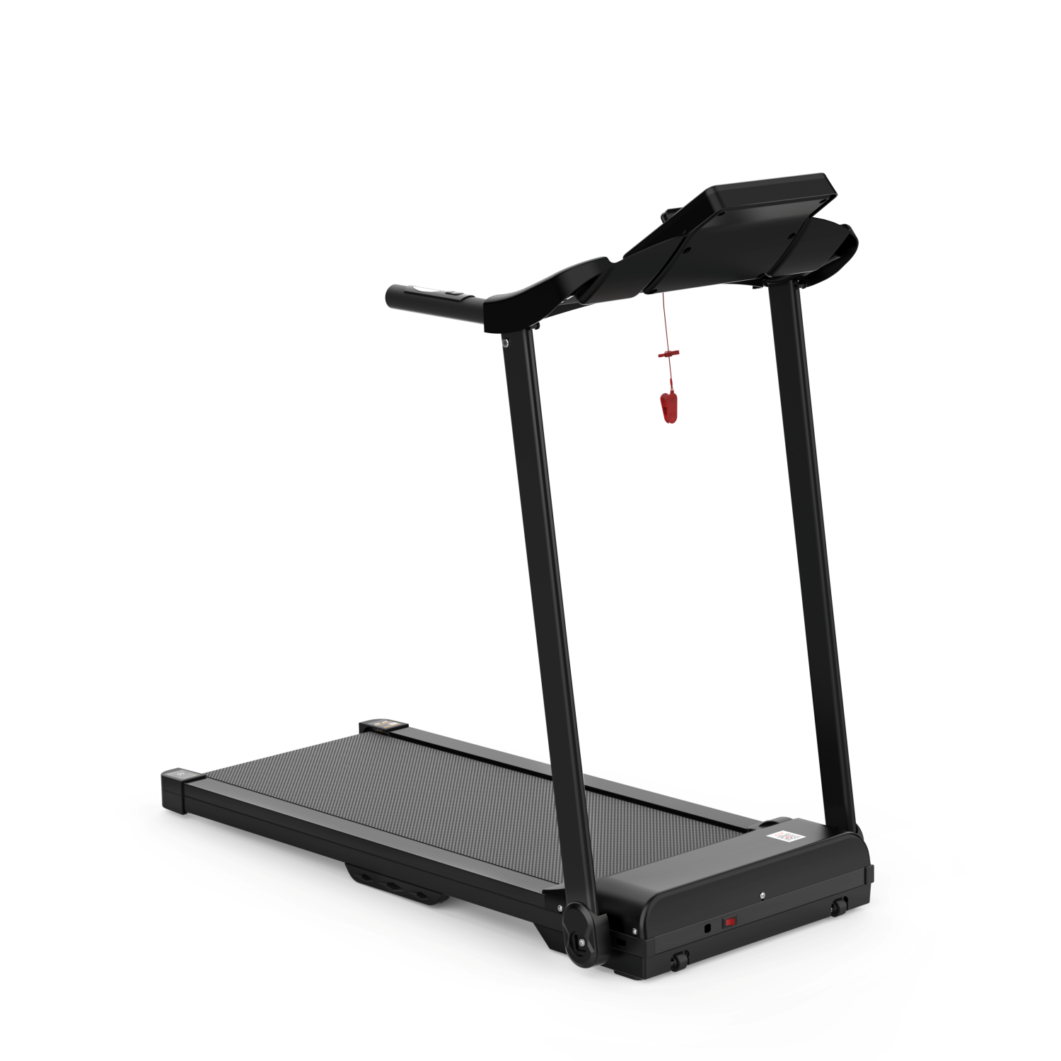 Na białym tle pokazano czarną bieżnię z czerwionym klipsem bezpieczeństwa.