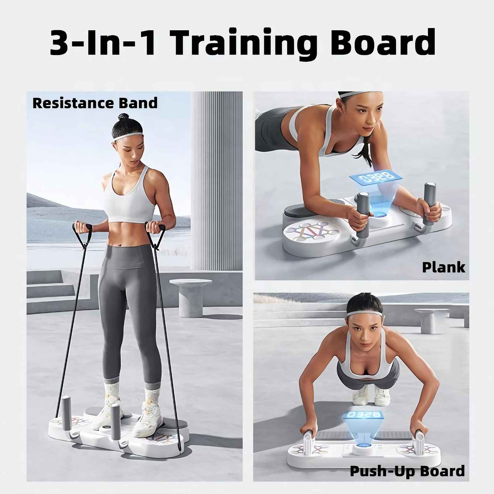 Collage zeigt ein 3-in-1-Trainingsbrett für Widerstandsbänder, Planks und Liegestütze.