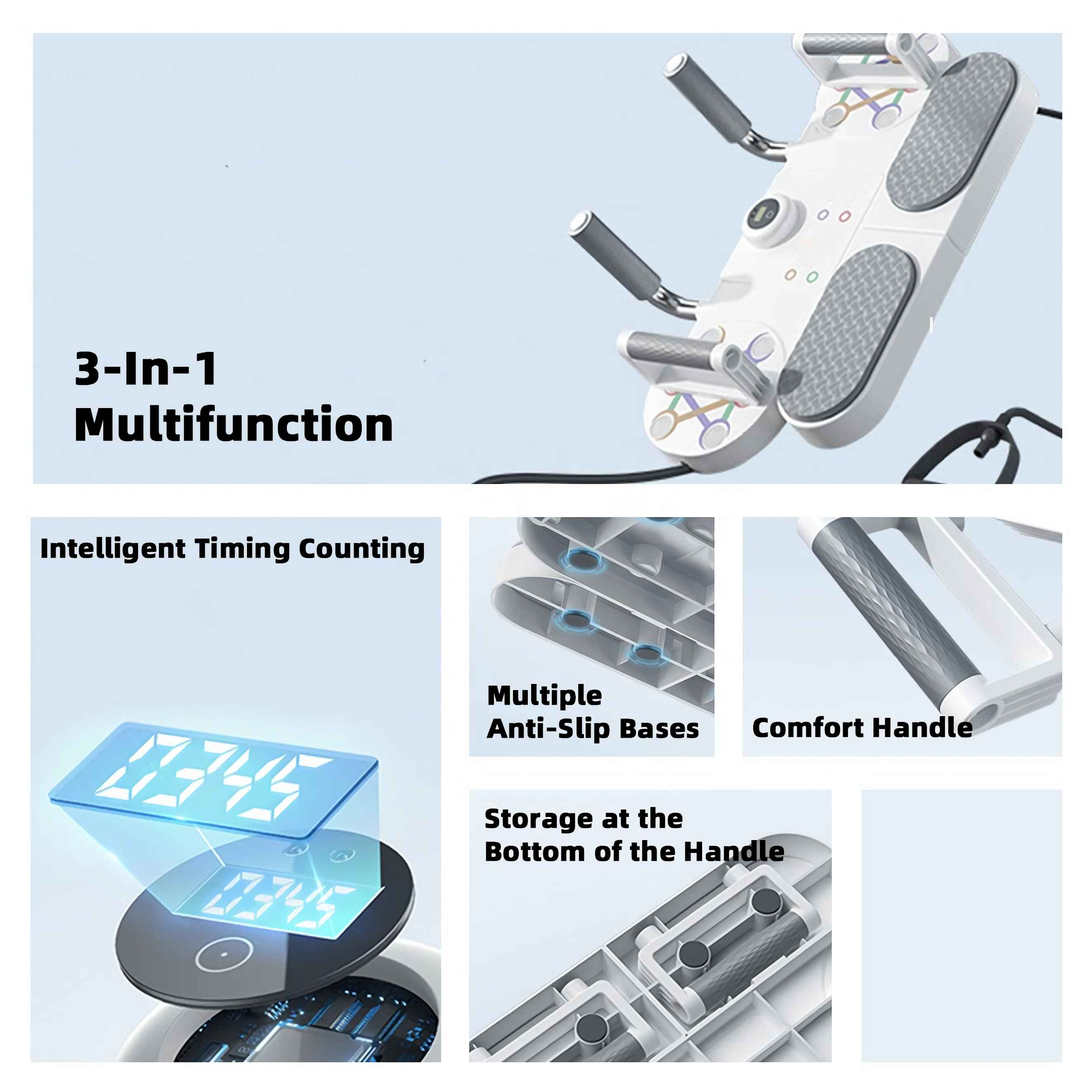 3-in-1 Multifunktions-Trainingsgerät mit Digitalanzeige, Anti-Rutsch-Füßen und Komfortgriff.