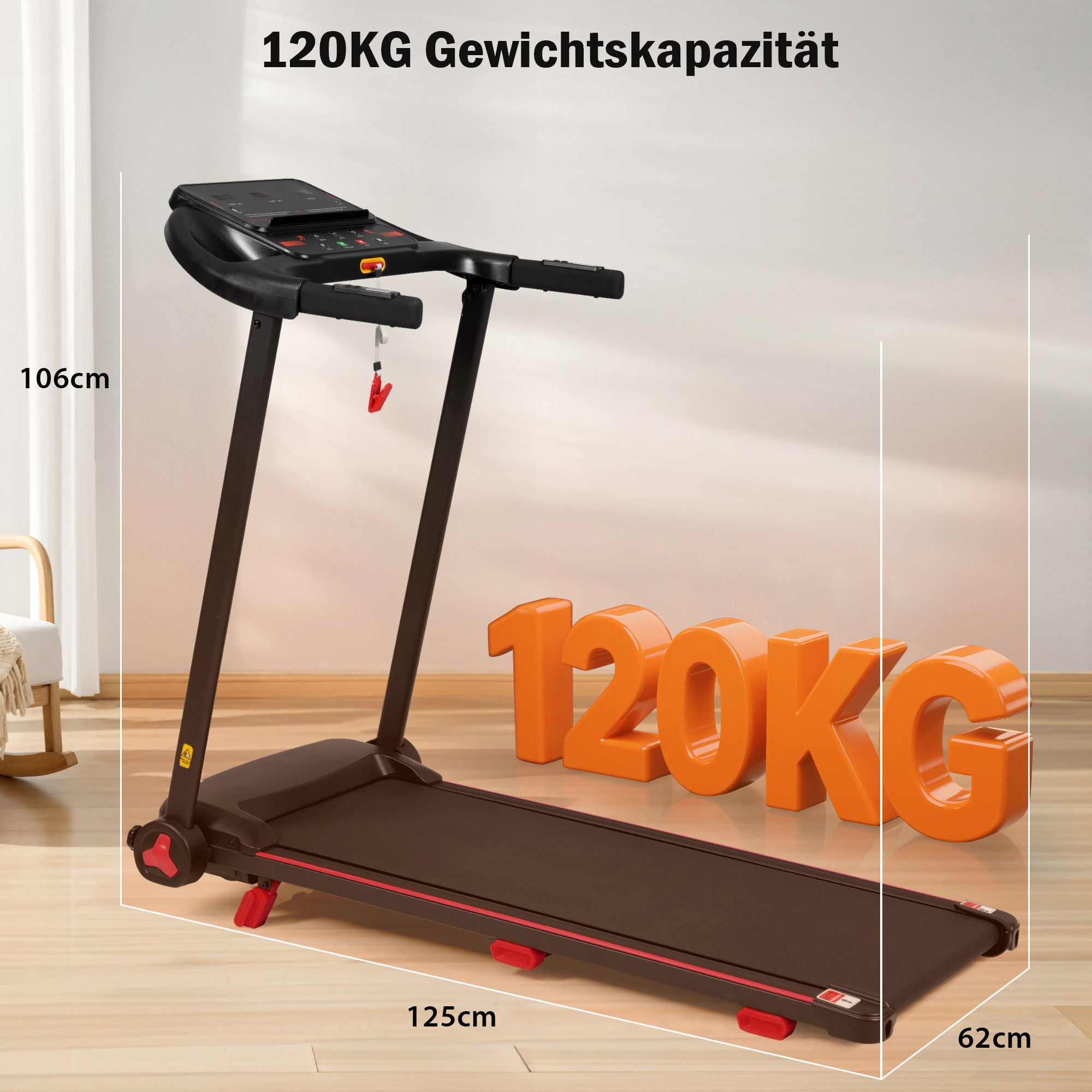 Czarna bieżnia z czerwonymi akcentami i udźwigiem 120 kg. Wymiary pokazane.