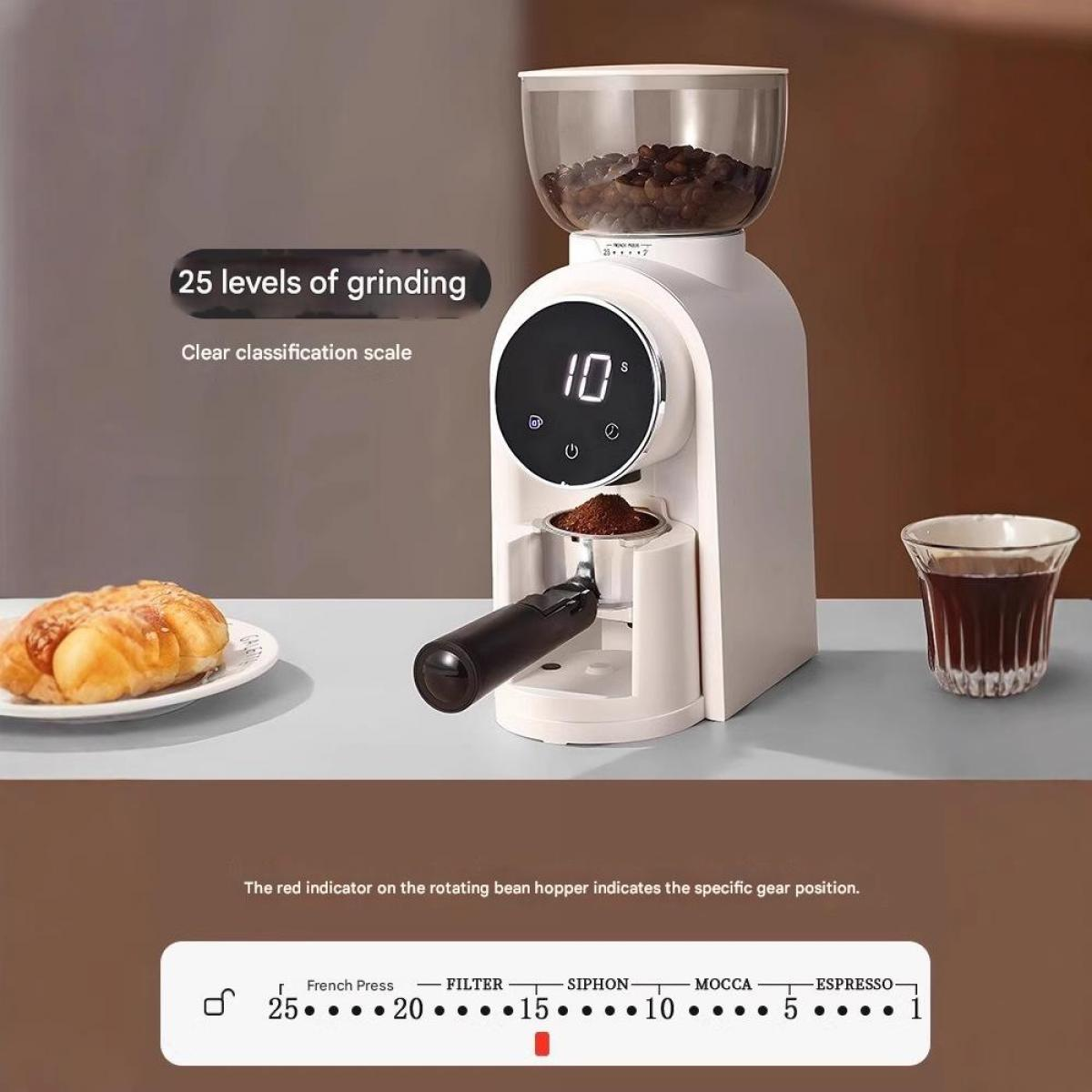 Weiße Kaffeemühle mit Bohnen, Digitalanzeige zeigt 10 und ein Siebträger.