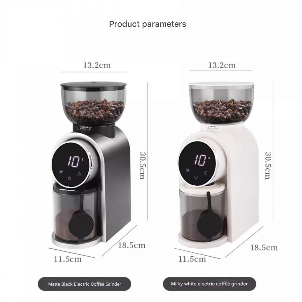 Zwei elektrische Kaffeemühlen, schwarz und weiß, nebeneinander mit Maßen.