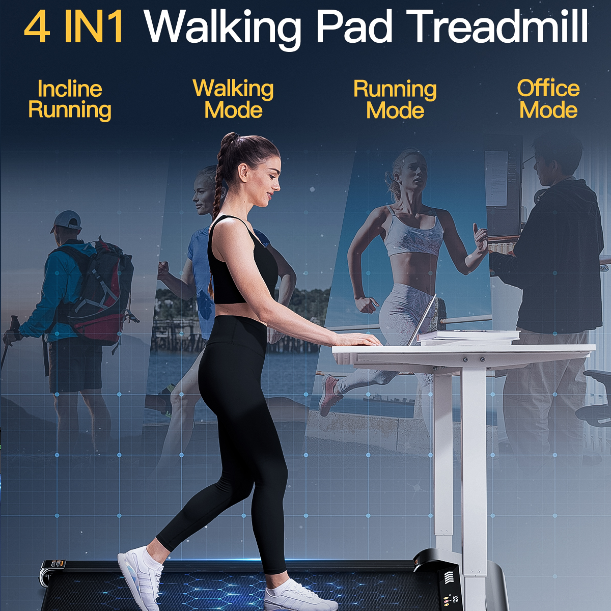 Kobieta idzie na bieżni z biurkiem, pokazując 4 tryby: nachylenie, chodzenie, bieganie, biuro.