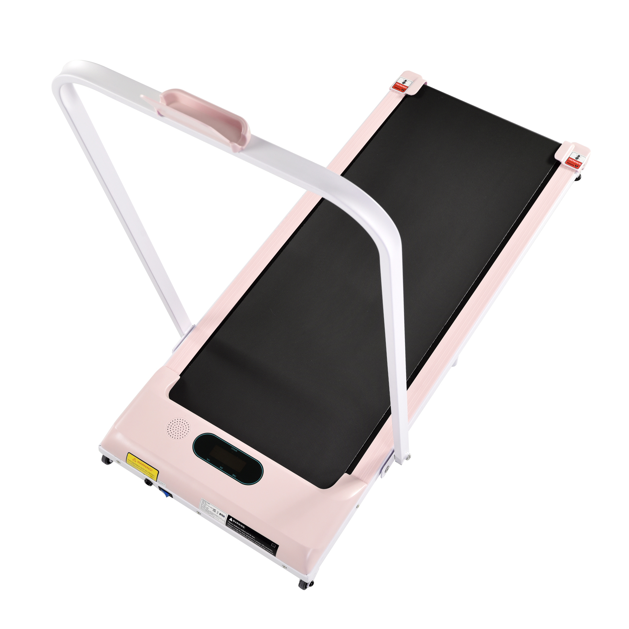 Różowy i biały bieżnia z czarnym pasem i cyfrowym wyświetlaczem.