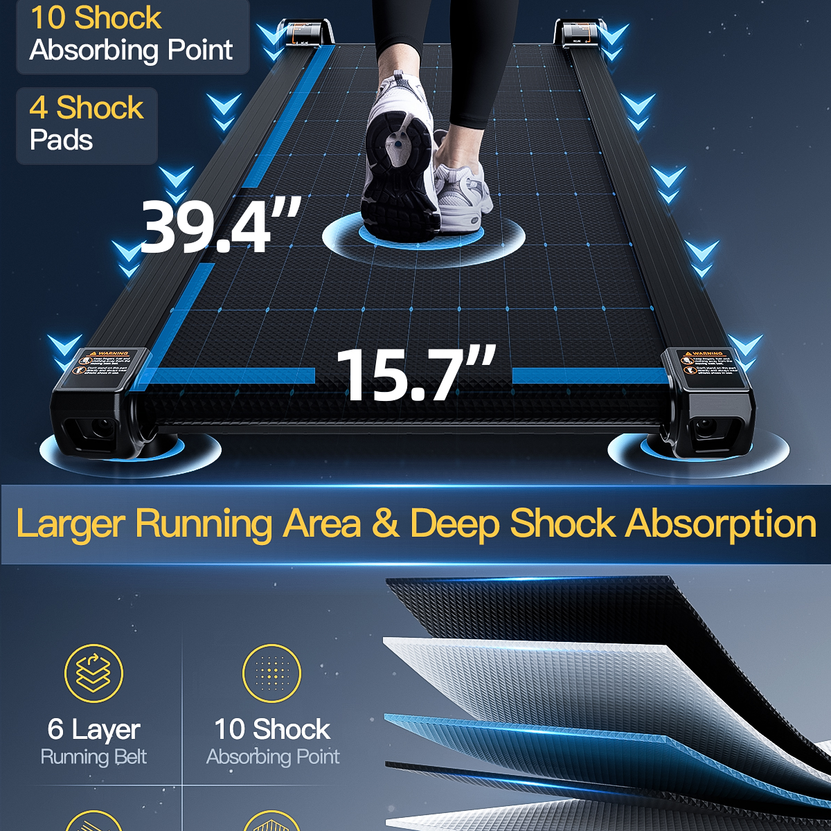 Bieżnia z biegnącą osobą, pokazująca pokład 39,4"x15,7", amortyzację.
