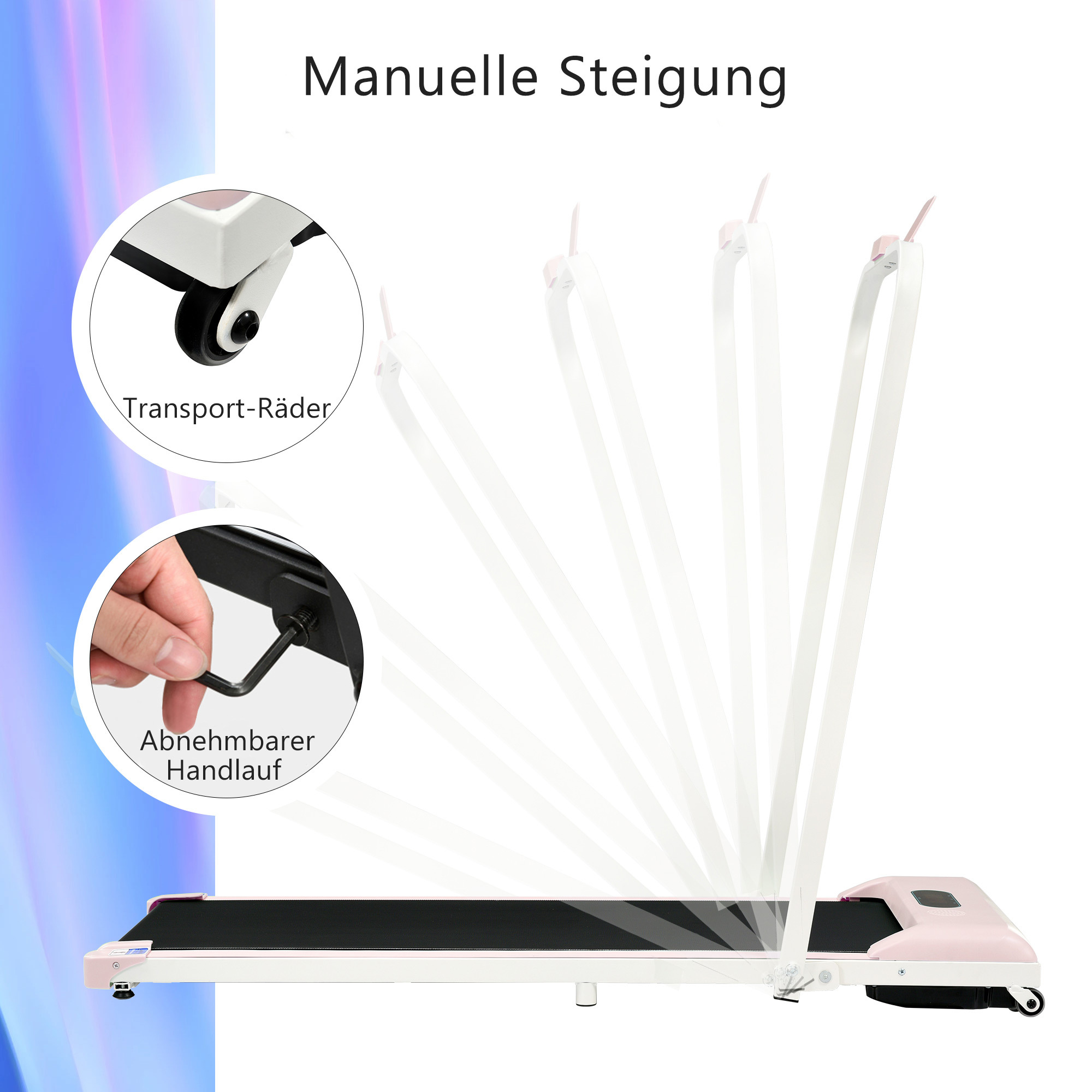 Różowa bieżnia pokazująca koła transportowe i zdejmowany podłokietnik.