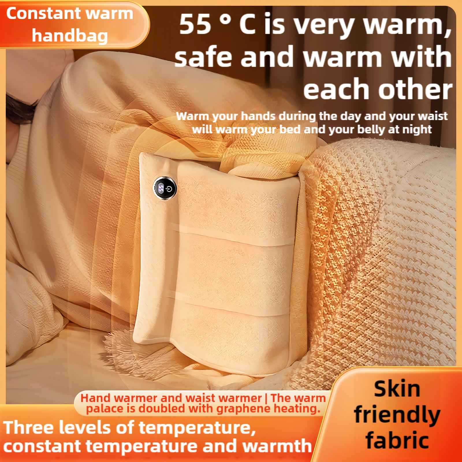 Eine warme Handtasche mit einem Knopf, auf 55°C eingestellt, bietet Wärme und Komfort.
