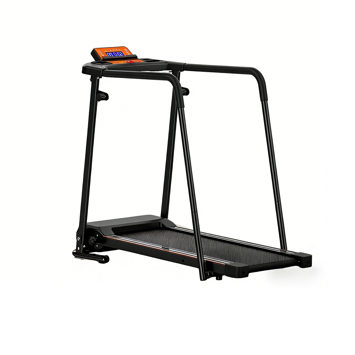 Czarna bieżnia z pomarańczowym wyświetlaczem na białym tle.