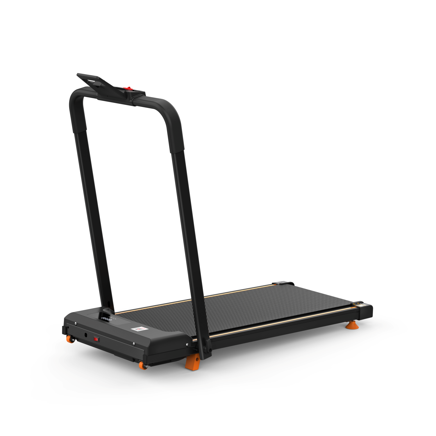 Czarna bieżnia z pomarańczowymi akcentami na białym tle.