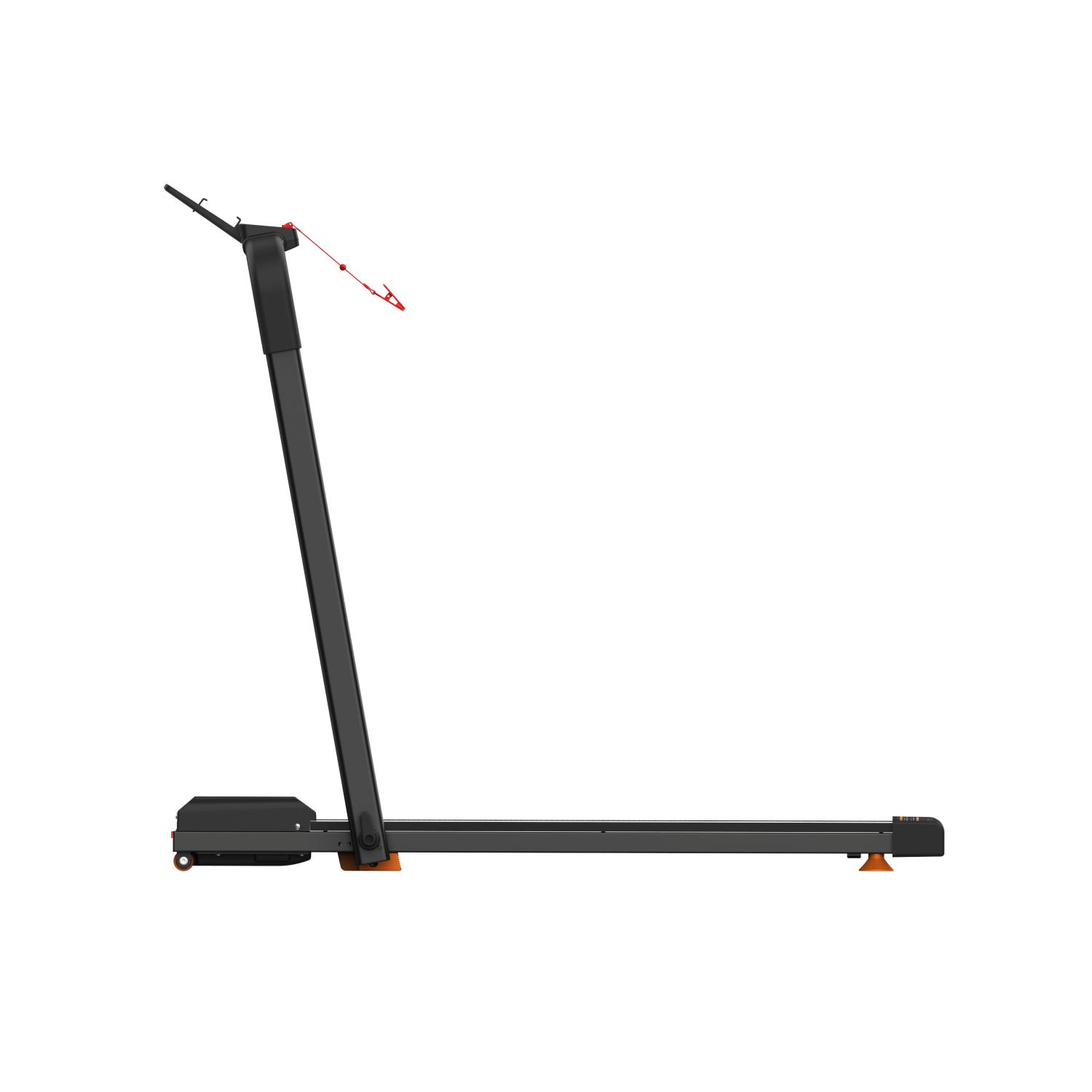 Czarna bieżnia z pomarańczowymi akcentami widoczna z boku na białym tle.