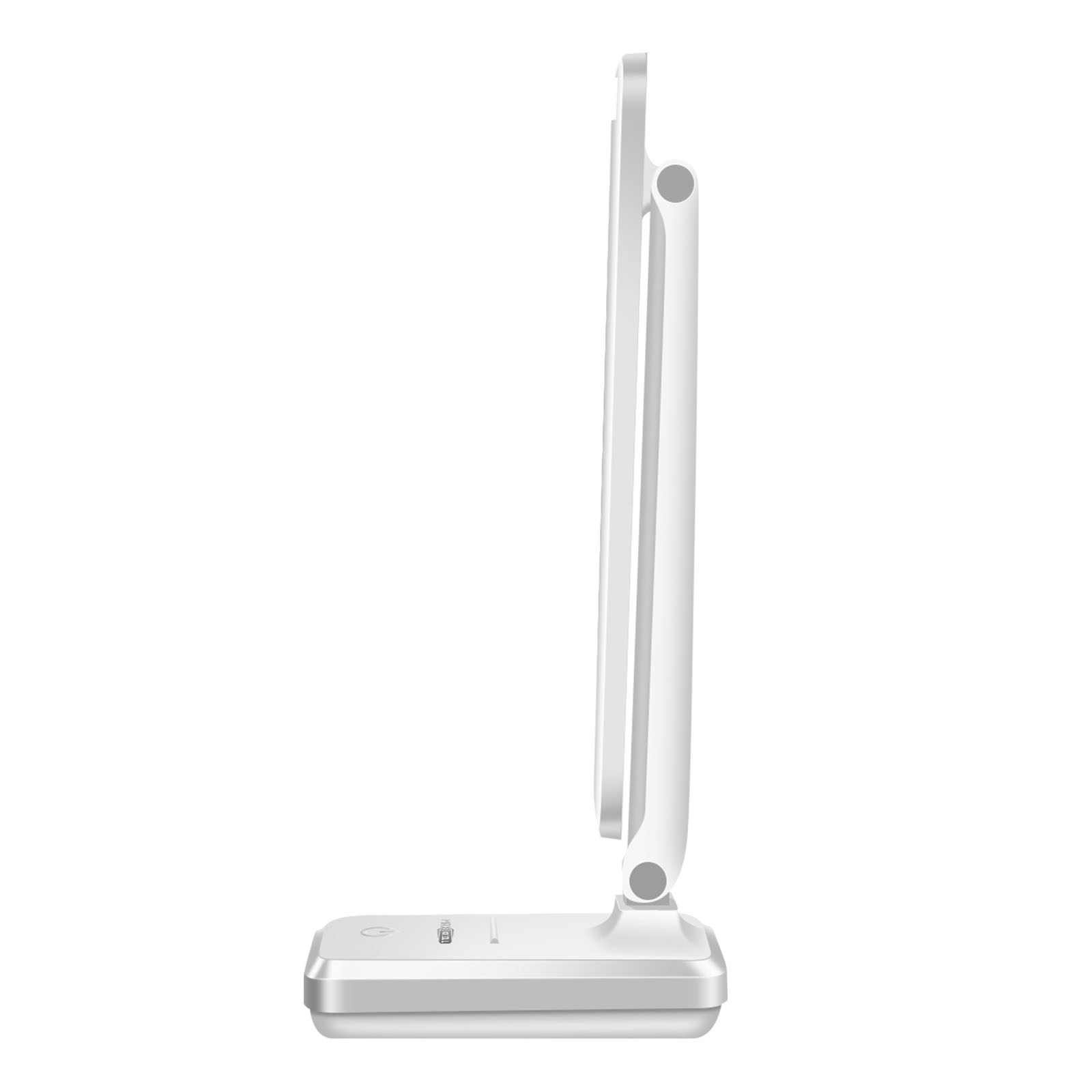 Una lámpara de escritorio LED blanca con base rectangular y brazo plegable, vista de lado.