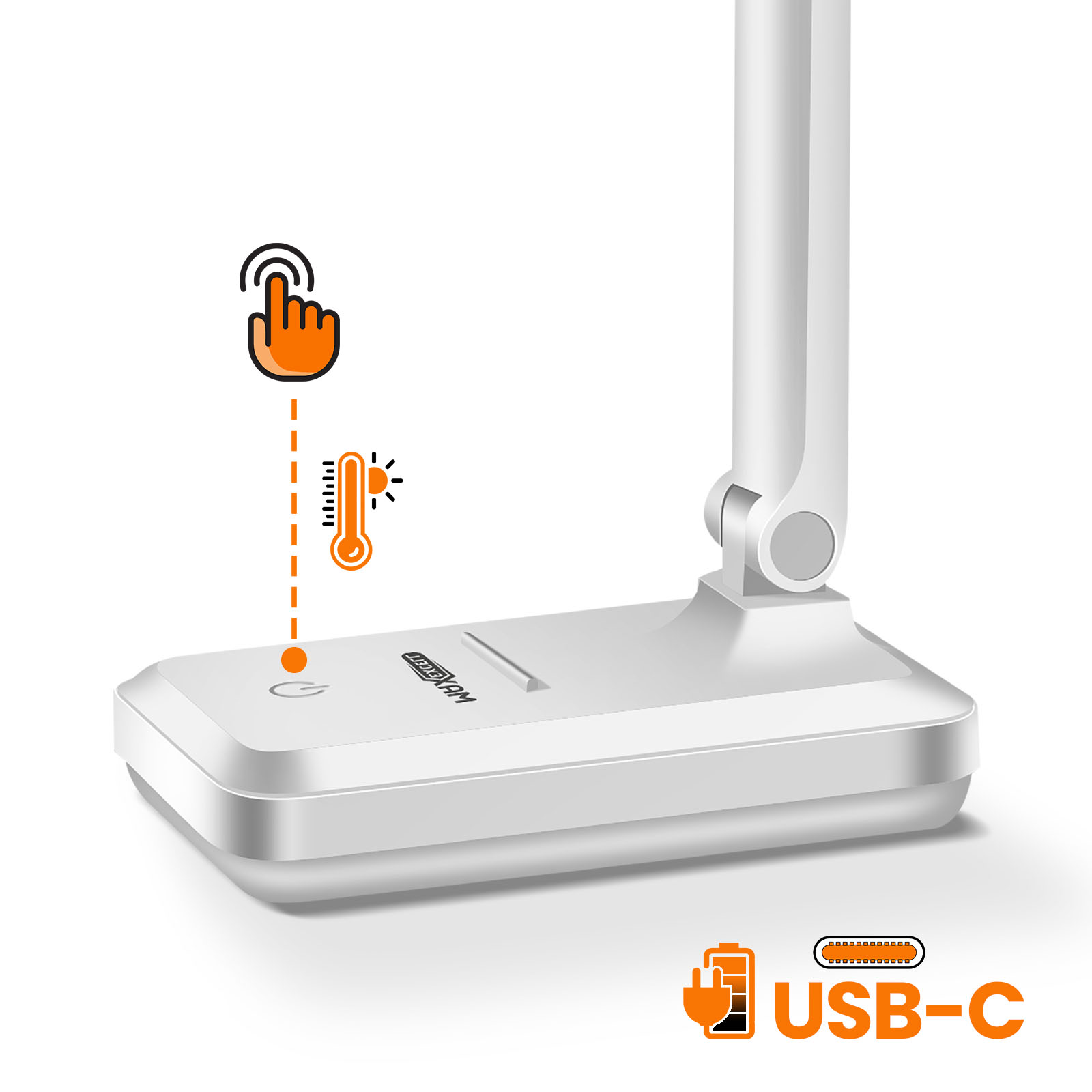 Lámpara blanca con puerto USB-C. Iconos indican control táctil y de temperatura.
