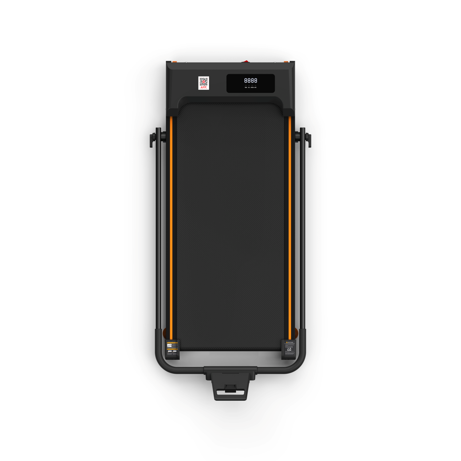 Czarna bieżnia z pomarańczowymi akcentami i wyświetlaczem cyfrowym 8888.