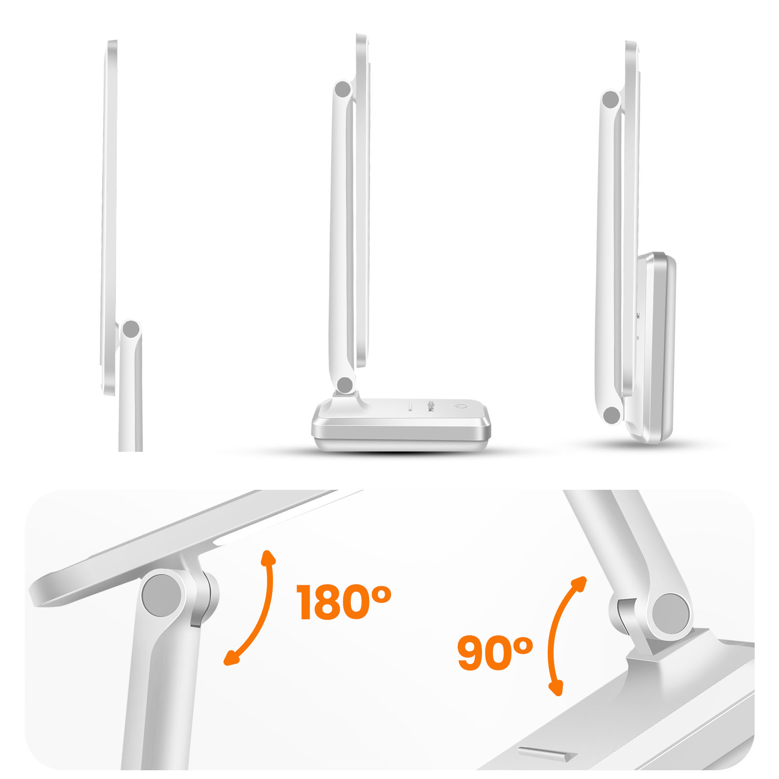 Lámpara de escritorio LED blanca ajustable mostrada desde diferentes ángulos, con indicadores de 180° y 90°.