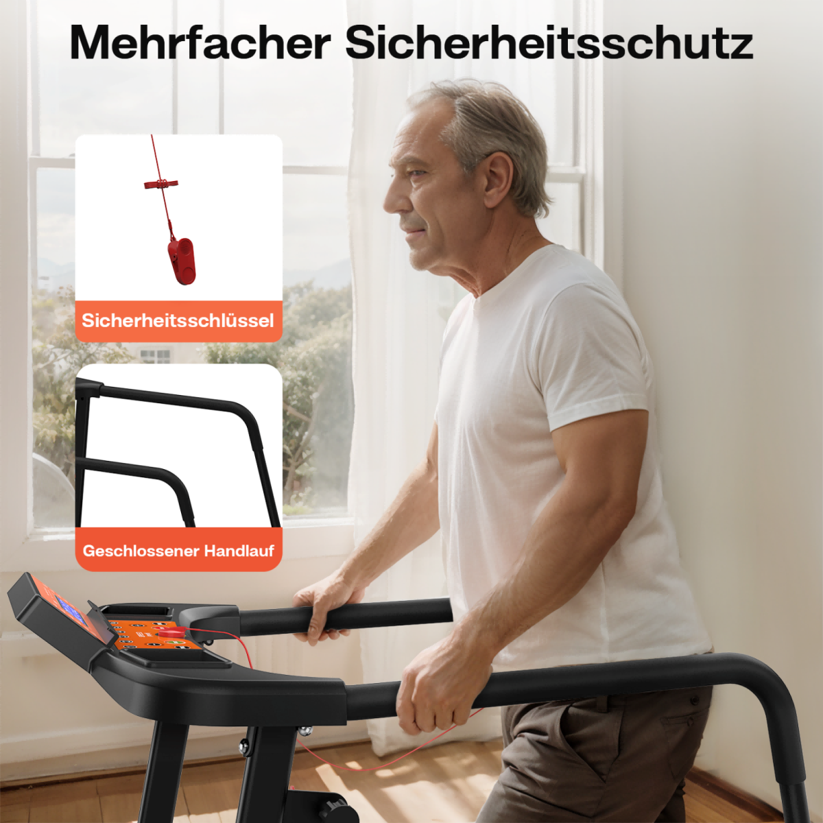 Mężczyzna na bieżni z funkcjami bezpieczeństwa: czerwony klucz, zamknięta poręcz.