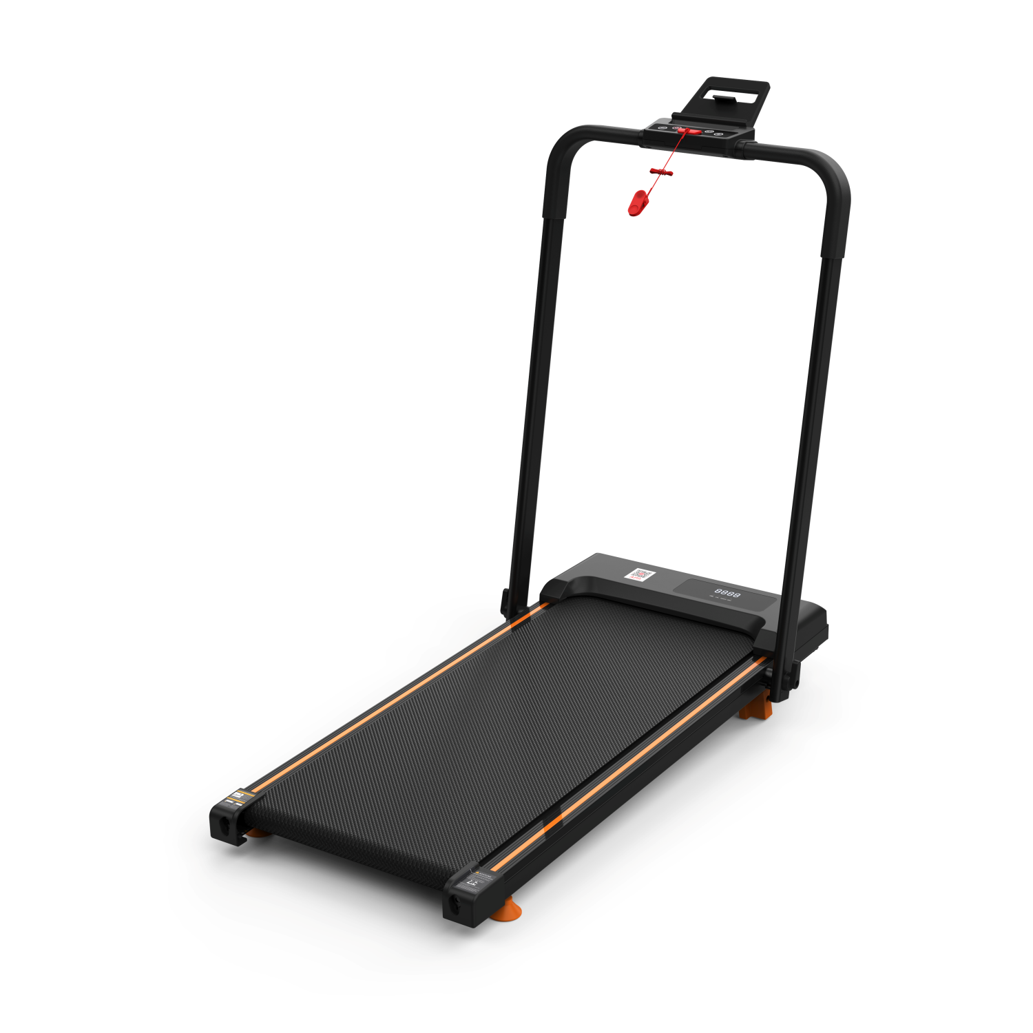 Czarna bieżnia z pomarańczowymi akcentami i cyfrowym wyświetlaczem.