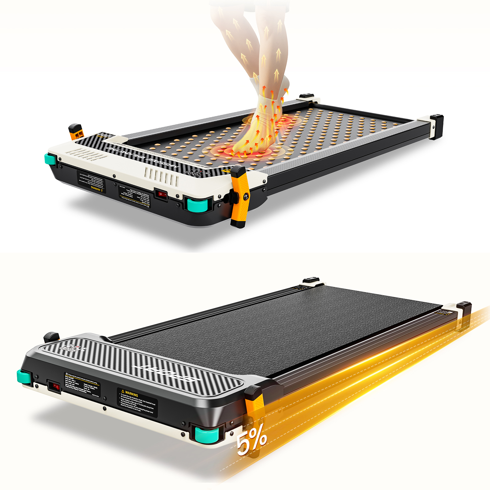 Bieżnia z idącymi po niej stopami, pokazująca strzałki ciepła.