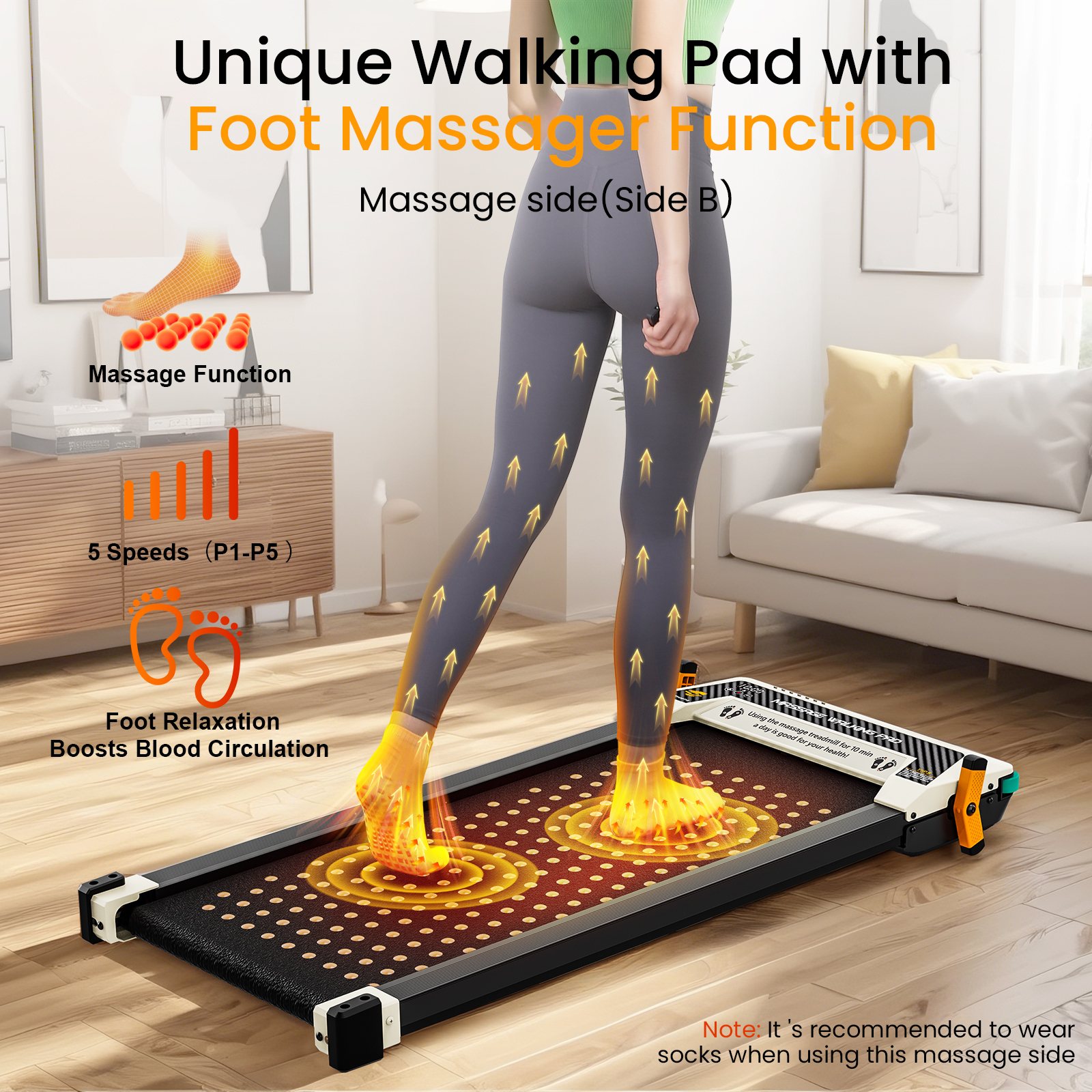 Osoba na bieżni z funkcją masażu stóp, strzałki wskazują krążenie krwi w górę.