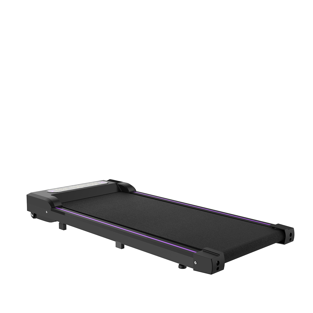 Czarna, kompaktowa bieżnia z fioletowym wykończeniem i cyfrowym wyświetlaczem na białym tle.