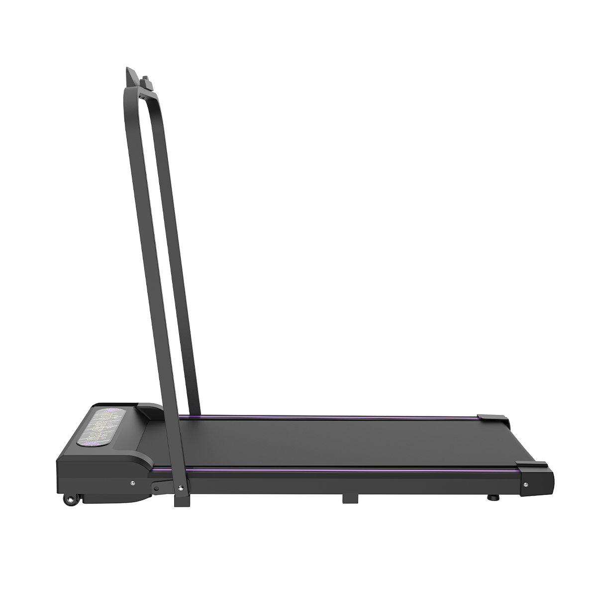 Czarna bieżnia z cyfrowym wyświetlaczem i fioletowymi akcentami widoczna z boku.