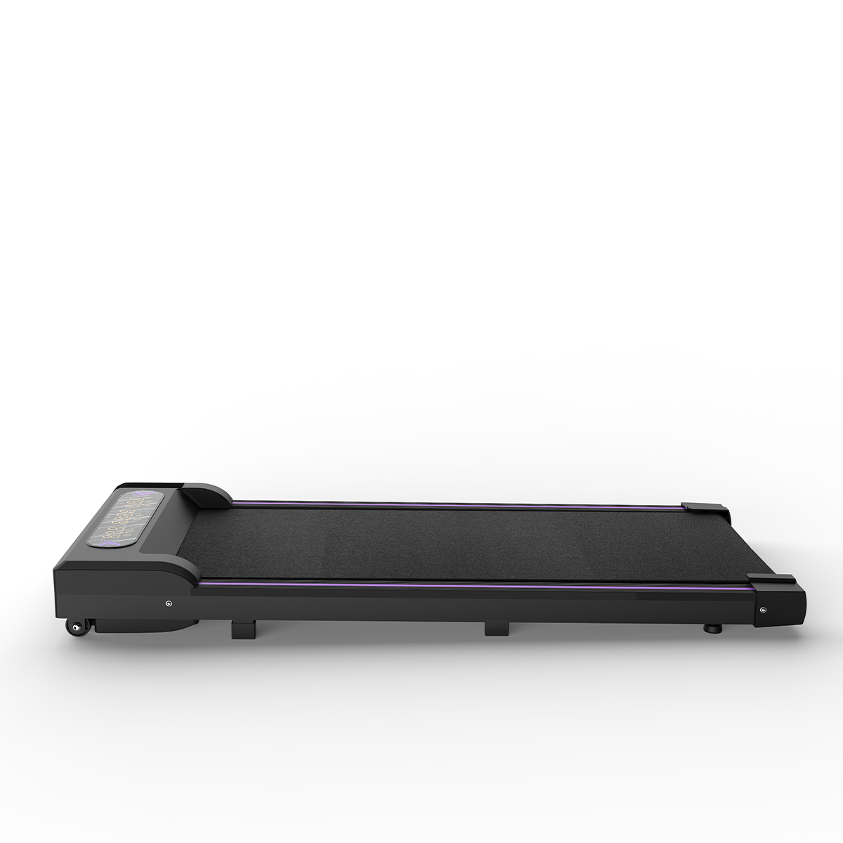 Czarna, nowoczesna bieżnia z cyfrowym wyświetlaczem i fioletowym oświetleniem akcentującym.