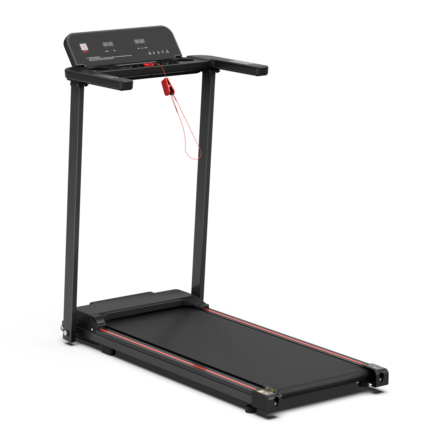 Czarna, składana bieżnia z cyfrowym wyświetlaczem i czerwonym klipsem bezpieczeństwa.