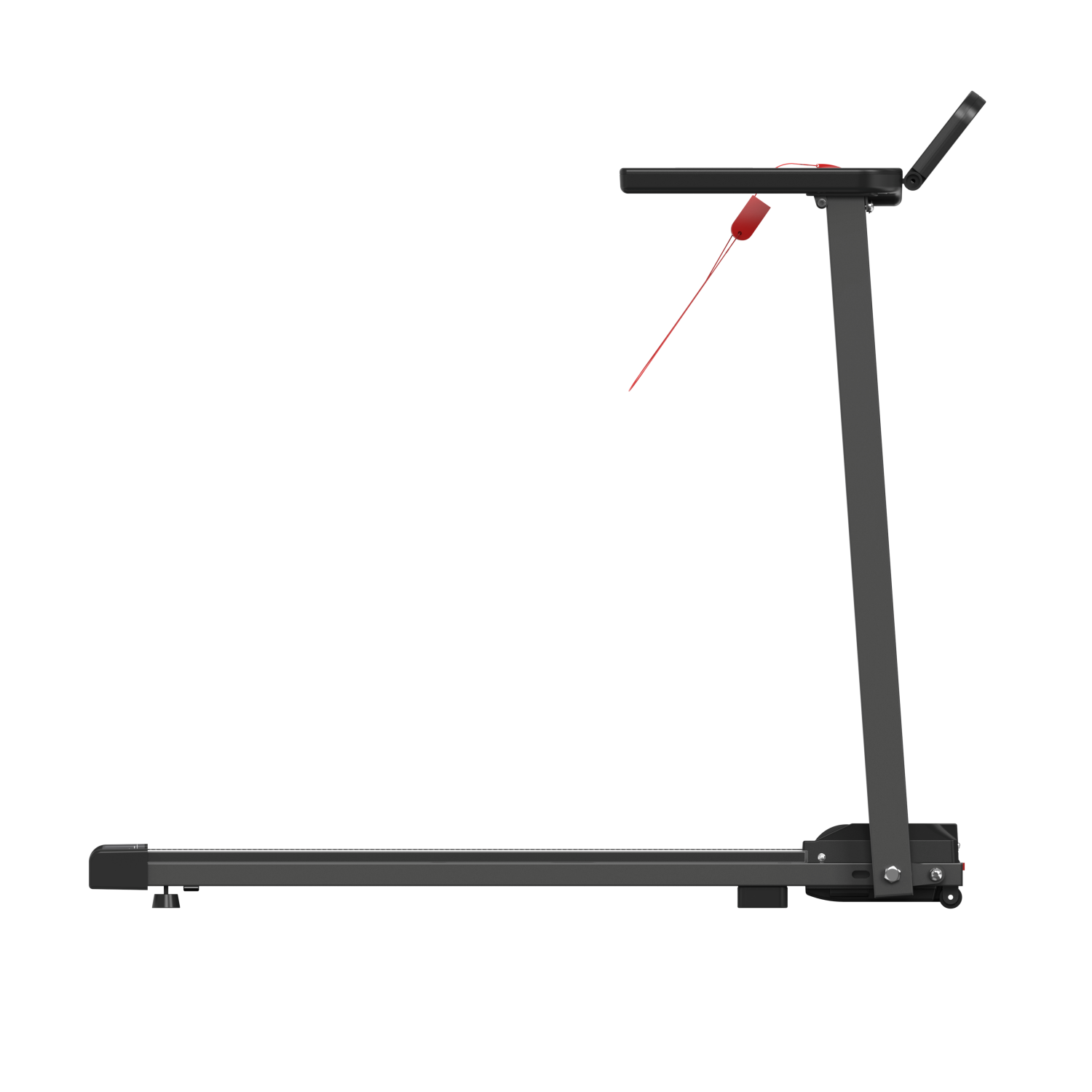 Szara bieżnia z czerwonym klipsem bezpieczeństwa na konsoli.