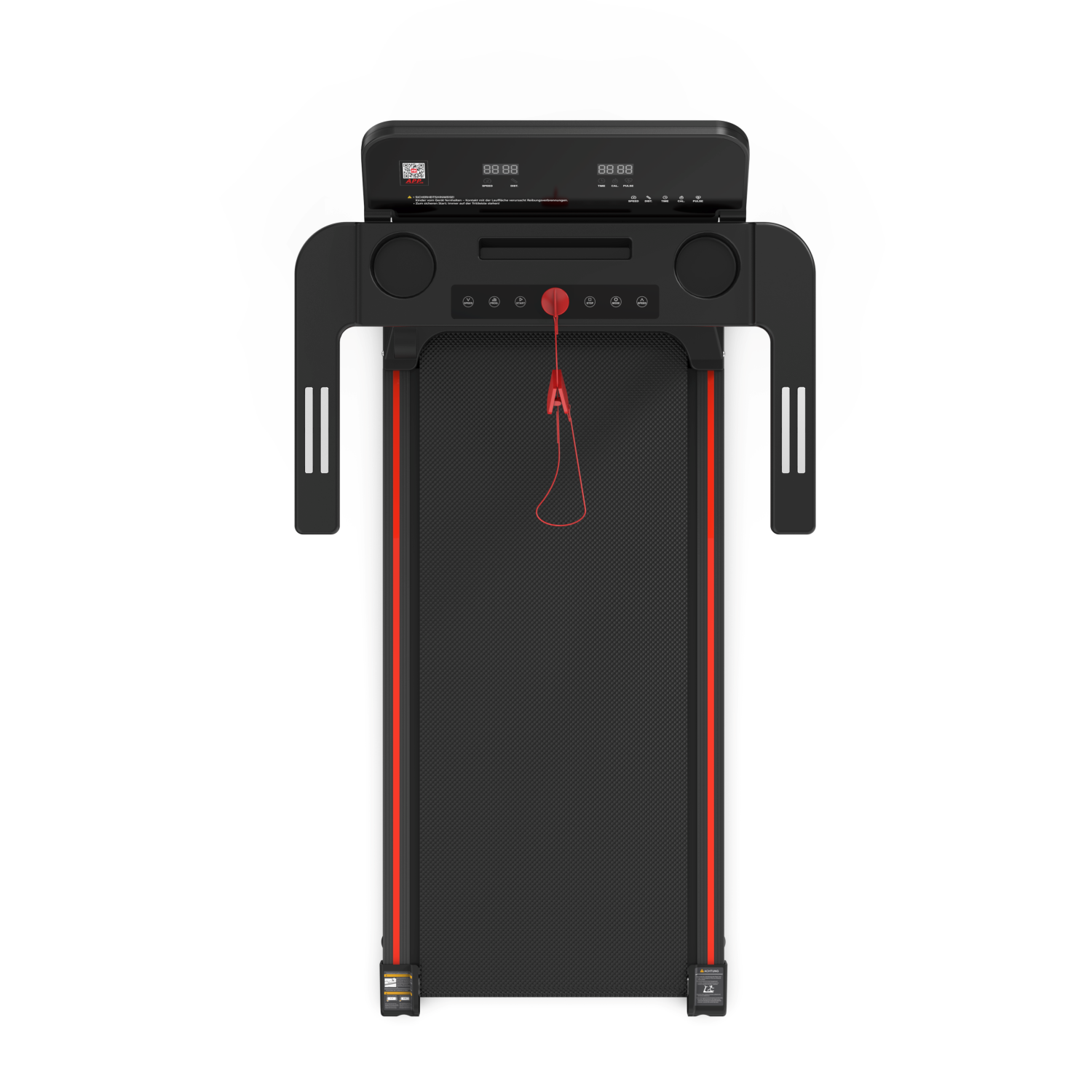 Czarna bieżnia z czerwonymi akcentami, cyfrowym wyświetlaczem i klipsem bezpieczeństwa.